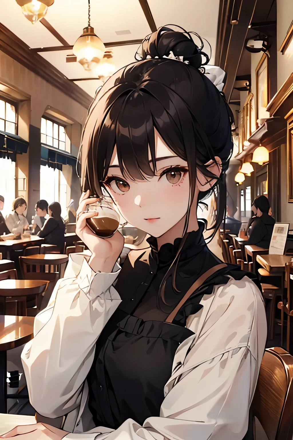 best quality, highres,Slender、brown eyes、tall、black hair、(Forehead exposed:1.7)、(semi-long:1.3),bun hair、(Cafe:1.4)、black blouse