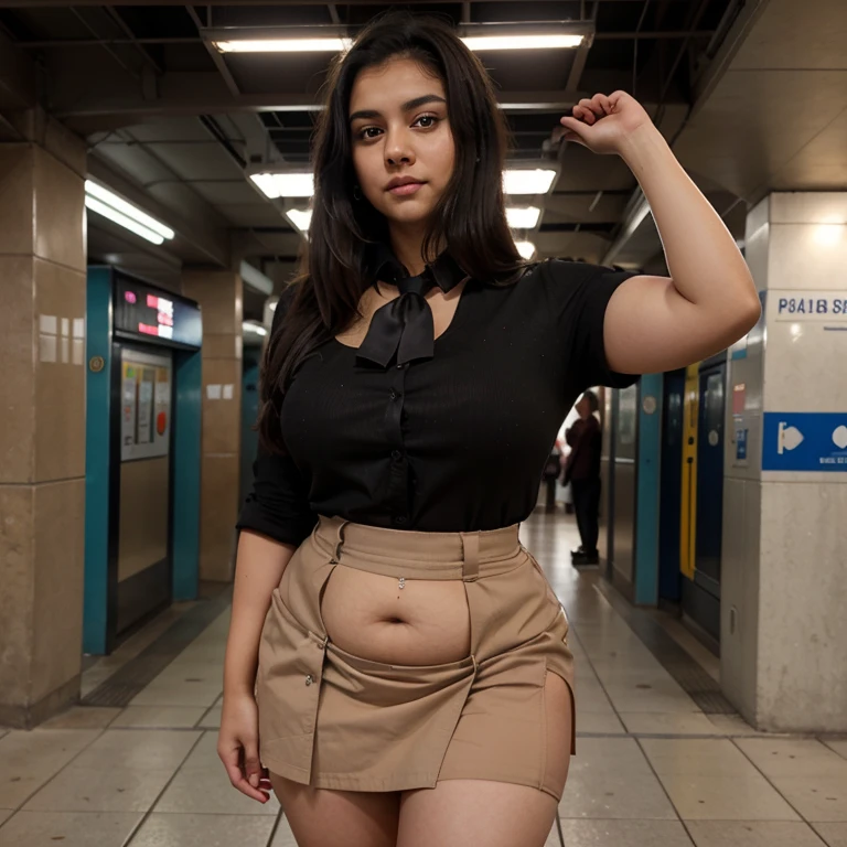 14 year old, female, Indian, light brown skin, curly short black hair, dense long black pubic hair, big expressive eyes, light brown pupil, very beautiful face, very muscular body, big breasts, oversized shirt, upper body fully covered, no clothing in the lower body, sitting, legs spread, hip thrust forward, metro station