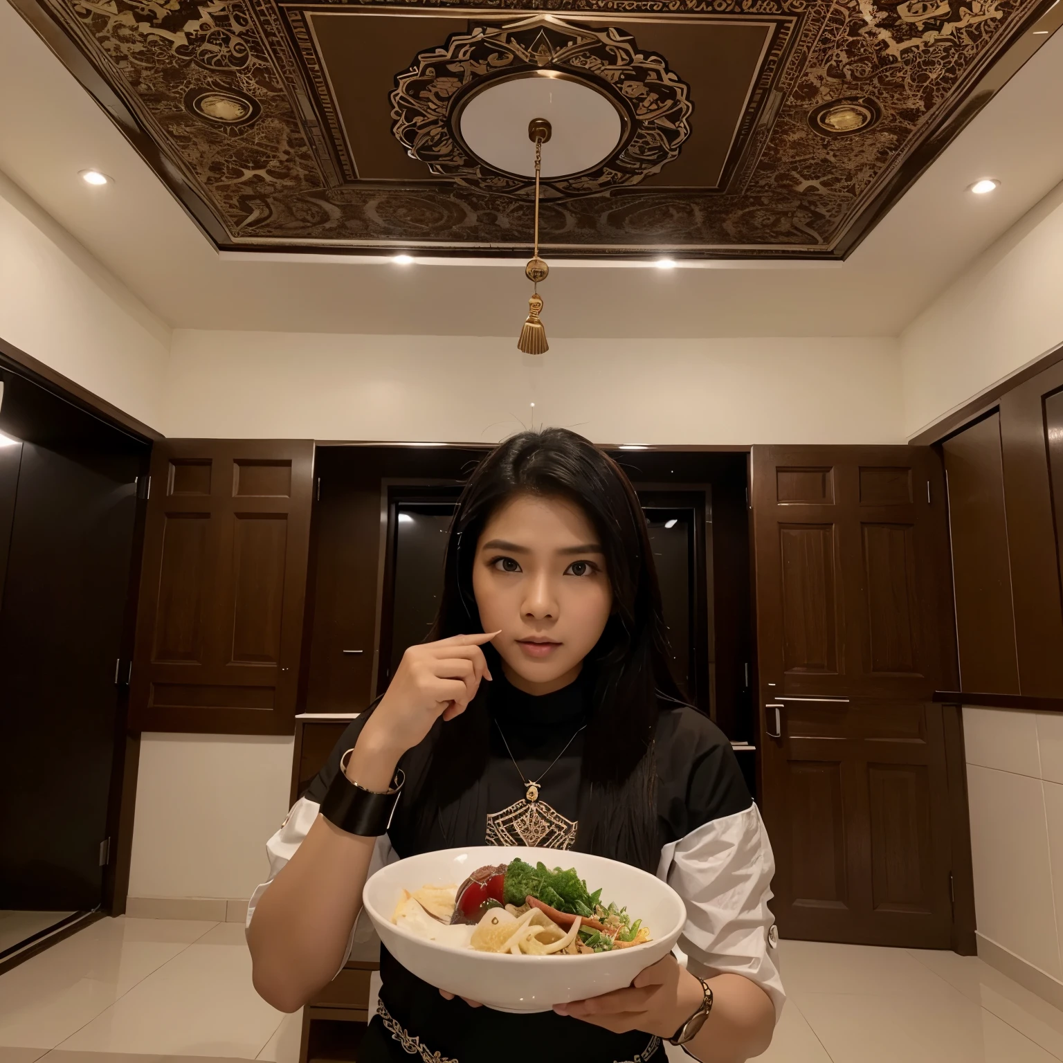 Remaja muda telanjang di ruang tamu menonton tv dan memakan makanan