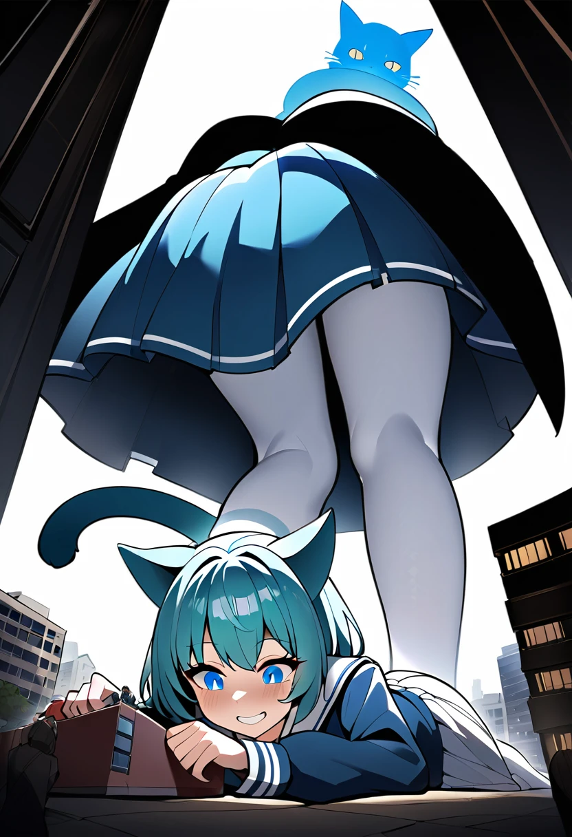 huge，Teenage girl，Sailor&#39;s，穿水手格子short skirt的，teasing，A giant girl taller than a building，Wear white pantyhose，Toyed around，shrouded in the villain，Lying on his stomach，Face down，Toyed around，low angle of view，arroganthuge，Light cyan hair，Big blue cat ears，Teenage girl，short skirt，Teasing the villain，A giant girl taller than a building，arrogant,Those who don't wear shoes,There are several villains under their feet
