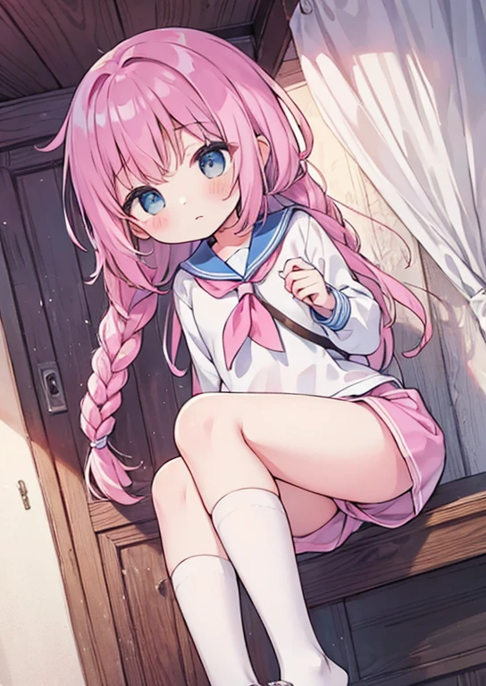 beautiful illustrations, highest quality, (12 year old girl:1.4)、(pretty girl:1.5)、、(Fainting、Suspension from the ceiling、Lock、restraint:1.3)、flat chest、sailor collar、(White long tunic)、long sleeve sailor suit、Blue-line cuffs、(pink chino shorts:1.4)、(pink shorts with wide opening:1.2)、Gap between thigh and pants、slim thighs、white socks、 cinematic lighting, (pink long hair)、pink straight hair、redness of cheeks、(Braiding of the back of the head)