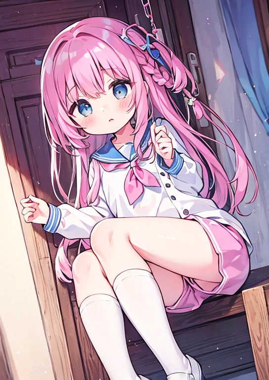 beautiful illustrations, highest quality, (12 year old girl:1.4)、(pretty girl：1.5)、、(Fainting、Suspension from the ceiling、Lock、restraint:1.3)、flat chest、sailor collar、(White long tunic)、long sleeve sailor suit、Blue-line cuffs、(pink chino shorts：1.4)、(pink shorts with wide opening：1.2)、Gap between thigh and pants、slim thighs、white socks、 cinematic lighting, (pink long hair)、pink straight hair、redness of cheeks、(Braiding of the back of the head)
