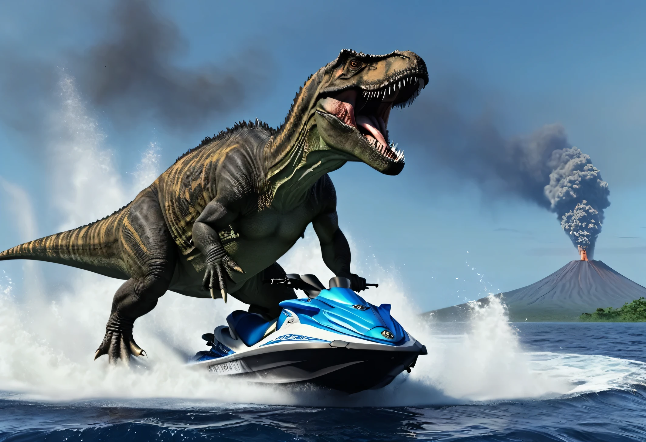 A tyrannosaurus is riding a jet ski in the middle of rough seas., Volcanic island in the background, The volcano is erupting violently., The images are very realistic.