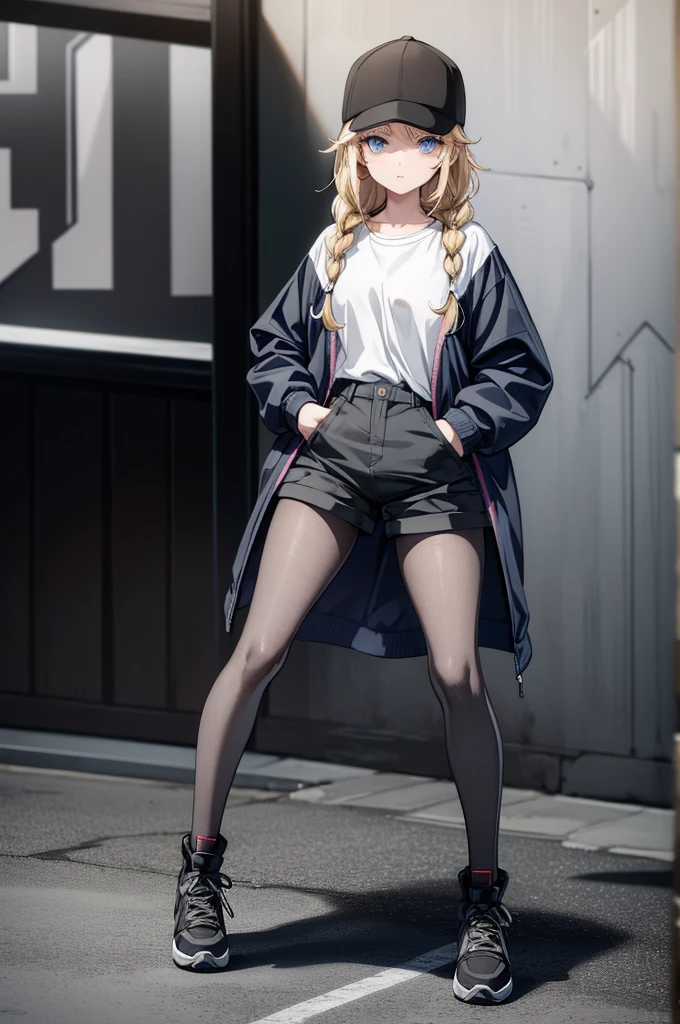 (((grayscale)))(masterpiece:1.2, best quality), (graffiti wall:1.15), 1lady, beanie, jacket, Leggings, blue eyes, fullbody,a woman in shorts and jacket riding skateboard on city street with buildings and cars behind, 1girl, solo, baseball cap, shorts, hat, blue eyes, blonde hair, hand in pocket, braid, black shorts, long hair, jacket, pantyhose, shirt, looking at viewer, black headwear, white shirt, black footwear, boots, open clothes