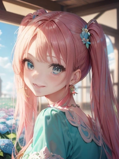 小さなgirl、Face photo、Face up、The arrival of spring、big ass、 (alone:1.5,)Super detailed,bright colors, very beautiful detailed anime face and eyes, look straight, ;d, shiny_skin,girl, ((Turquoise long hair,The inner color is red 、forehead is exposed.、green eyes、、shiny hair, delicate beautiful face, blush、(turquoise eyes), White skin, Valletta, earrings,、blue flower field、(((Floral pink.one piece)))、twin tails、smile、smile、Face dyed red、Face-centered、pantyhose