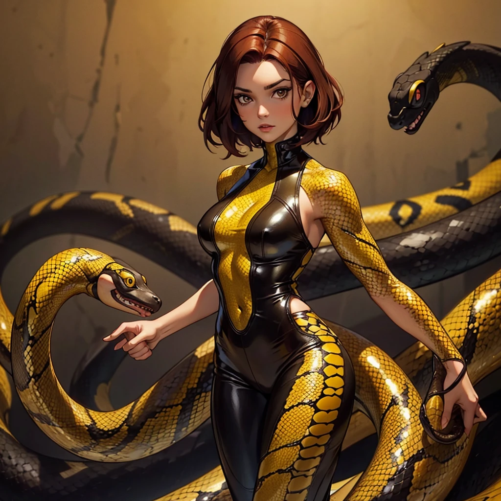 A girl with short dark red hair and dark brown eyes she have a yellow and black costume that look like a snakes skin