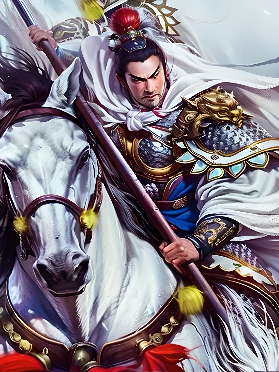 A man riding a horse, zhao yun, inspired by Guan Daosheng, author：Yang Jie, horse warrior, author：Yang Borun, xianxia hero, feng shu, Inspired by Huang Shen, Inspired by Zhao Yuan, Inspired by Guo Chun, by Li Zai, Inspired by Fan Kuan,White Cloak,Cloak,holding spear with both hands,spear,white horse