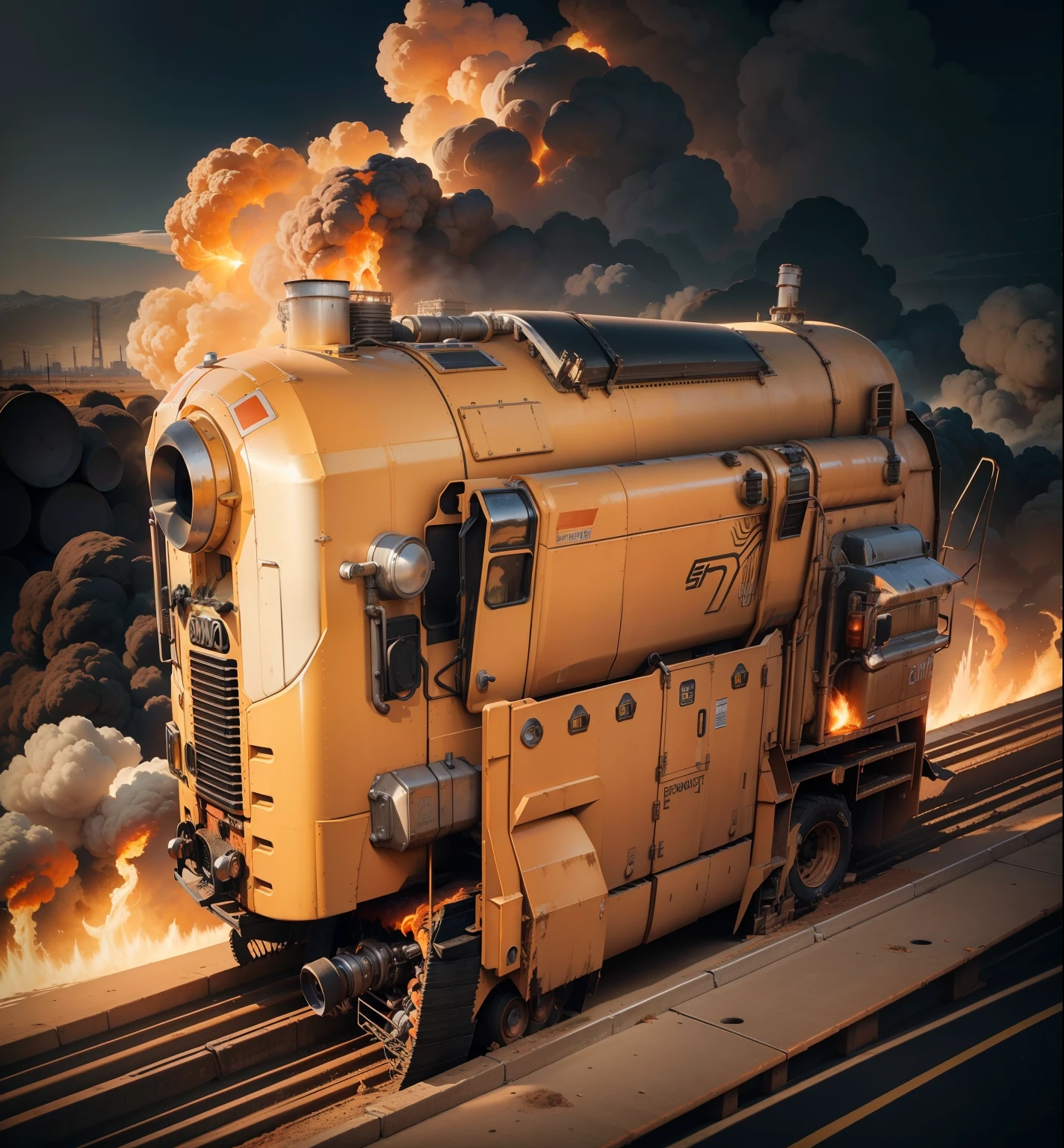 An impressive and powerful metallic truck, gleaming in the harsh sunlight, stands ready for action. Its massive BBS wheels, iconic and wide, churn up dust as it approaches the scene. Various rescue accessories are prominently displayed on its bed - gleaming shovels, hefty axes, and perhaps even a bright orange saw. The truck's headlights blaze, cutting through the smoke and fumes billowing from the background.

In the distance, an oil refinery dominates the landscape. Its towering structures are a complex web of pipes and catwalks. Jets of fire erupt sporadically, casting an orange glow on the thick smoke that spirals into the sky. The scene is one of controlled chaos, and the rescue truck stands defiant against the inferno.