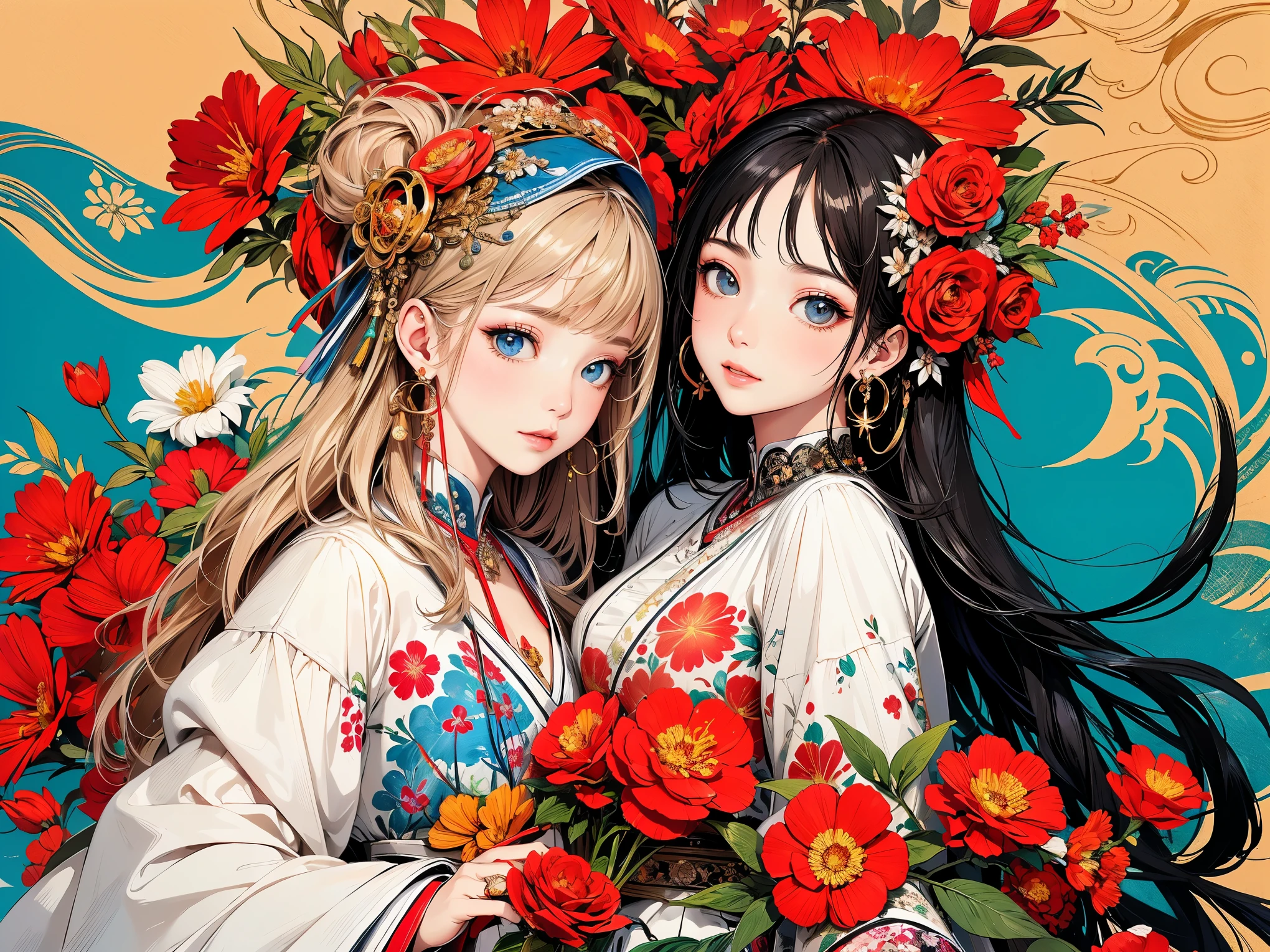(masterpiece、highest quality、highest quality、official art、beautiful beautiful:1.5)、painterly、sketch、texture、超A high resolution、alone、Beautiful woman、very detailed、(fractal art:1.1)、(Colorful:1.1)(Floral:1.6)、most detailed、(tangled:1.2)、(dynamic pose)、(abstract background:1.3)、(shiny skin)、(lots of colors:0.8)、(earrings:1.4)、(feather:0.9)、Taisho romance