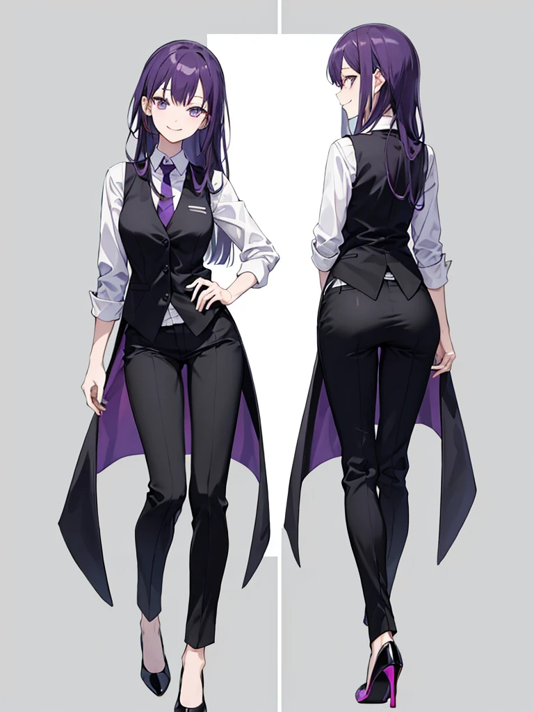 purple,long hair,woman,bartender,black vest,shirt,tie,pants,high heels,all,simple background,smile,whole body,full body,full body,Standing picture,vtuber,upright,,I'm looking forward to,body turns forward