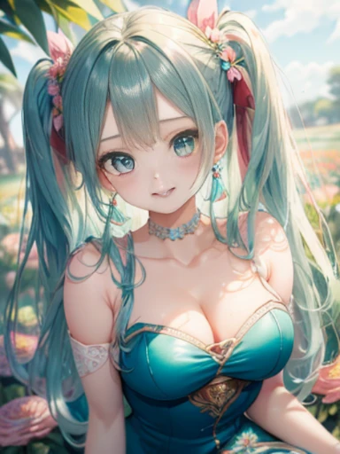小さなgirl、Face photo、Face up、The arrival of spring、big ass、 (alone:1.5,)Super detailed,bright colors, very beautiful detailed anime face and eyes, look straight, ;d, shiny_skin,girl, ((Turquoise long hair,The inner color is red 、forehead is exposed.、green eyes、、shiny hair, delicate beautiful face, blush、(turquoise eyes), White skin, Valletta, earrings,、blue flower field、(((Floral pink.one piece)))、twin tails、smile、smile、Face dyed red、Face-centered、pantyhose