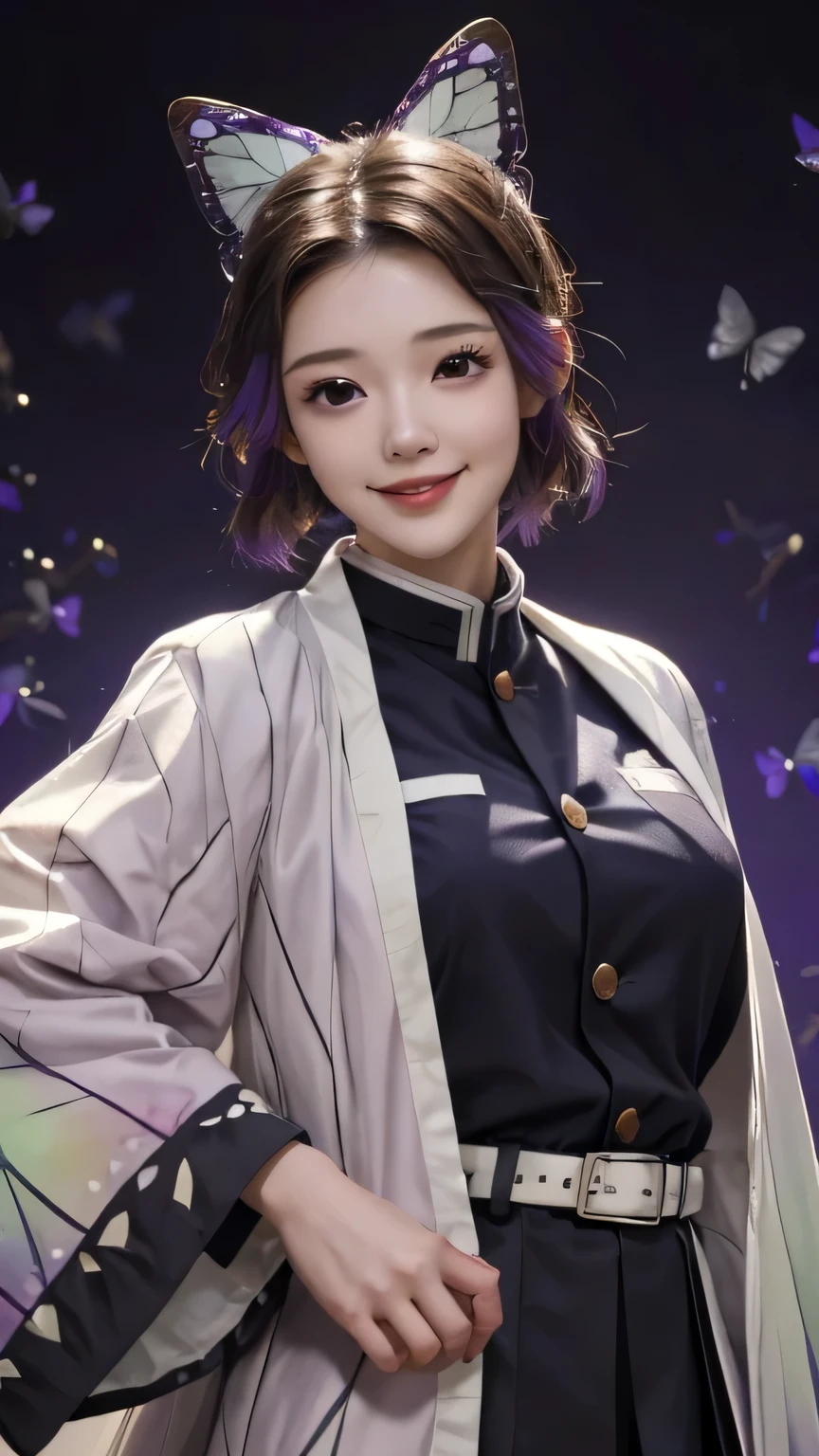 Shinobu, Shinobu Uniform, shinobu attire,butterfly,weapon,bug,jacket,short hair,hair ornament, wide sleeves, sword,
belt, skirt,
purple background,
(best quality, masterpiece, RAW photo,ultra-detailed:1.2), 1girl,solo,looking at viewer,smile