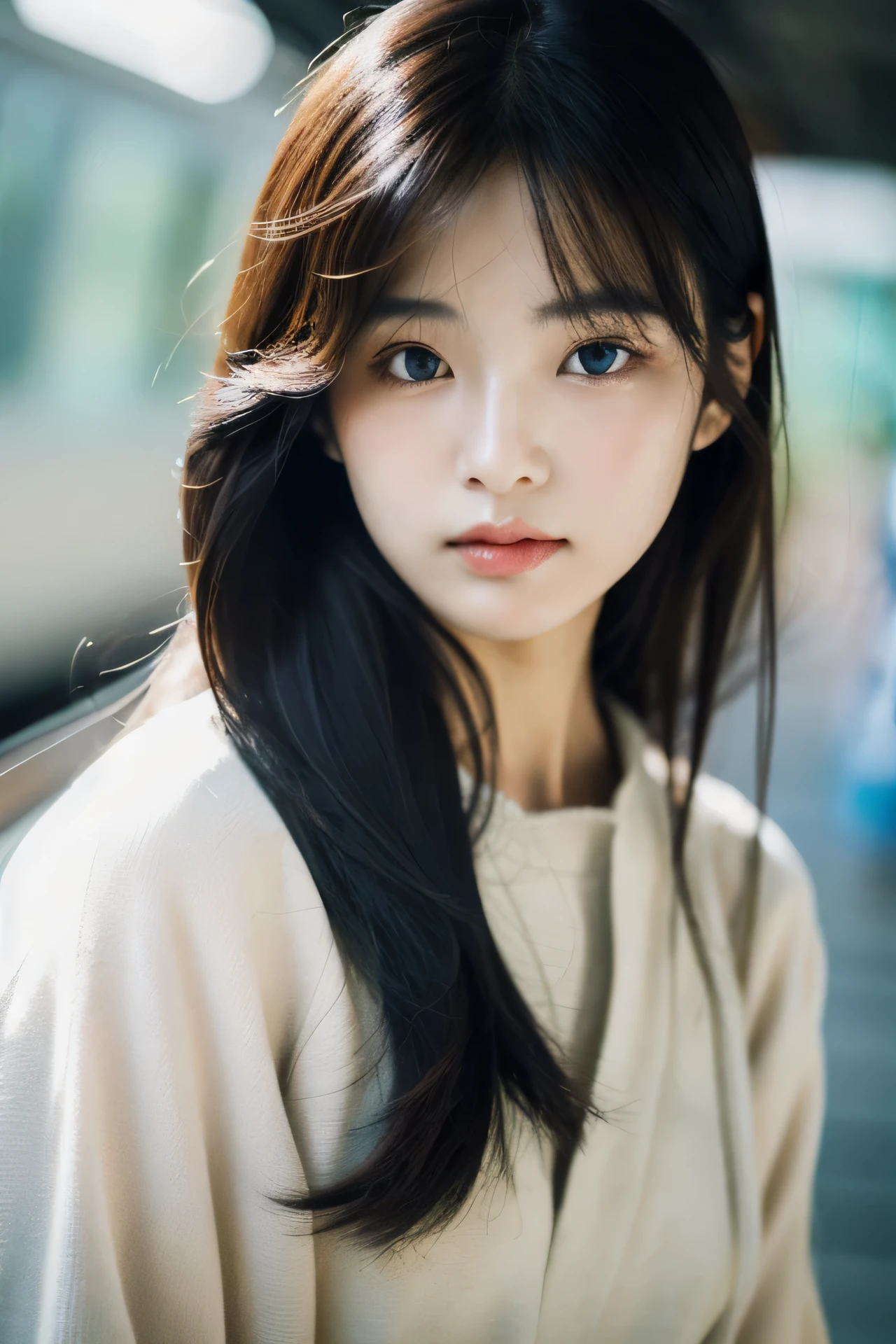 Cinematic Photo of a beautiful korean fashion model bokeh train, eyes should be blue