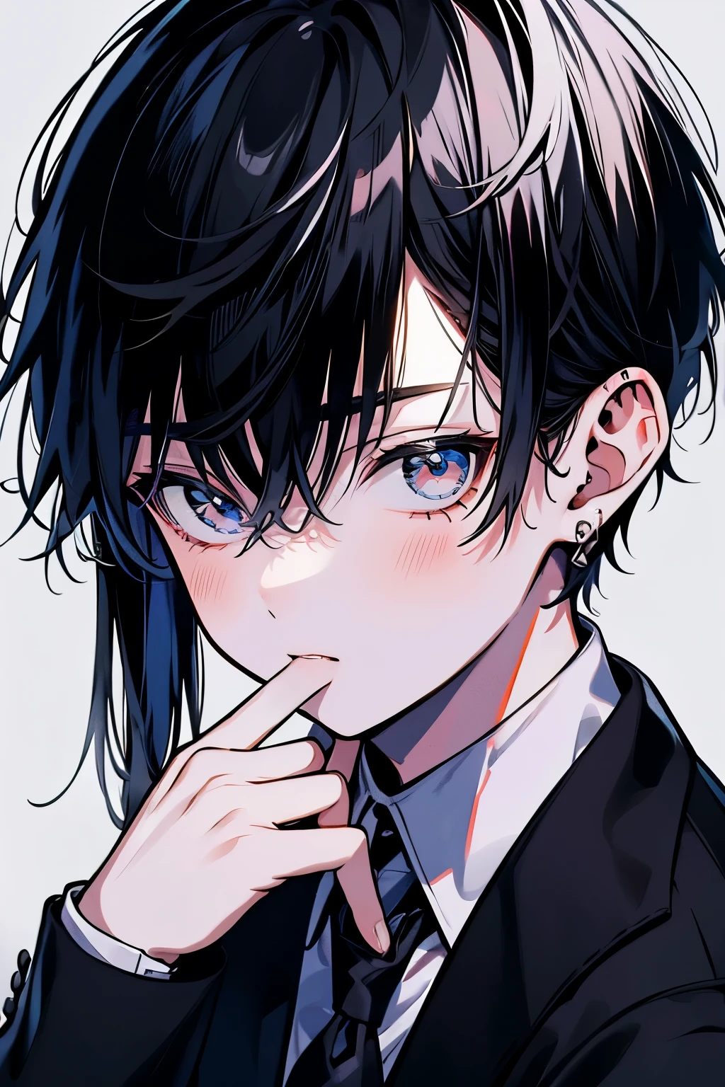 1 male high school student, Black hair, Hitman for hire, Feeling no emotion, small in stature, Character is emphasized, I wiped the blood that splashed on my face with the back of my hand., looking straight ahead, Adonis, A picture showing only the upper body, Bangs that cover one eye