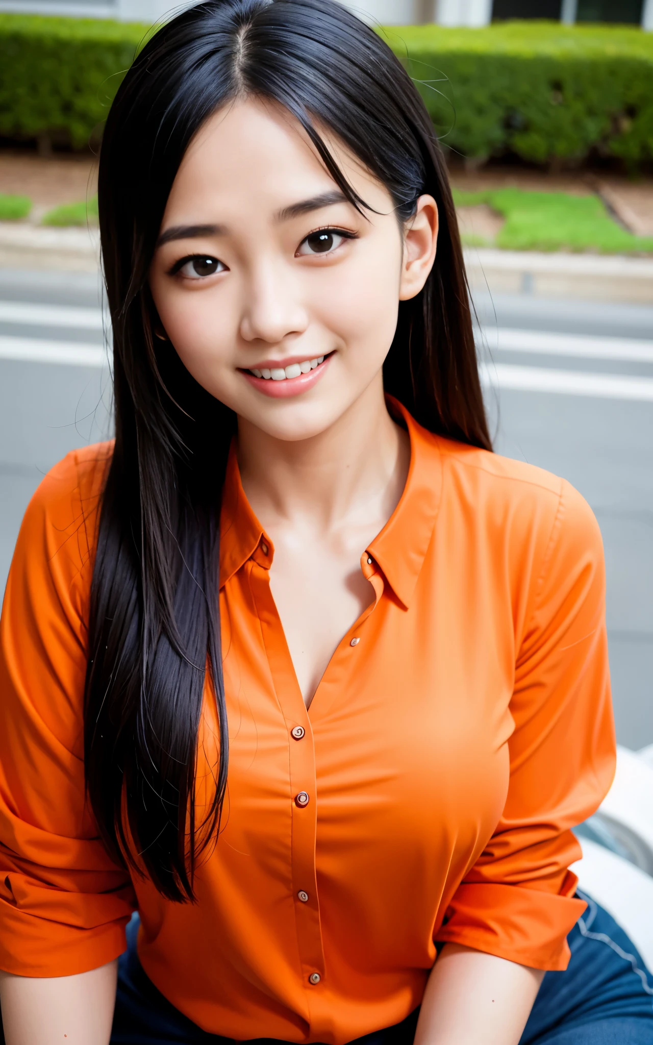 highest quality, figure, super detailed, finely, High resolution, 8k wallpaper, 完璧なダイナミックな構figure, beautiful skin, (big eyes), 20 year old beautiful girl, natural color lip, (sexy pose), Mid chest, smile, Highly detailed face and skin texture, Detailed eyes, Double eyelid,leaking teeth and laughing, close-up, overhead shot, long black hair, (Orange suit), (blouse:1.2), In town