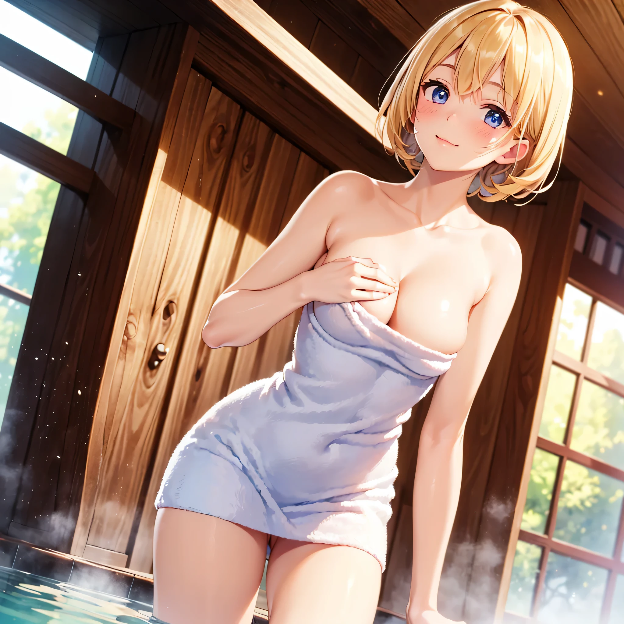 (masterpiece:2.0), (top-quality:2.0), (leaning forward naked in the hot spring:1.5), (extremely short white Tube top towel:1.5), (Super Sexy Pose:1.5), (from below looking up:1.5), (Perfect exposed shoulders:1.5), (Perfect exposed nape:1.5), (blushed face:1.5), (hide crotch with hands:1.5), (hiding chest with hands:1.5), (spilling boobs:1.5), (Realistic:1.5), 1 very cute girl, Precise little hands, Embarrassed look to see me, light smile, Innocent face, Young Face, Clear eyes, Shining eyes, very tiny chest, side boob is visible, shoulder is visible, cleavage of the breast is visible, No pubic hair, Dynamic Posing, Beautiful skins, ultra-definition, Top resolution, Japan High School Student, Golden hair