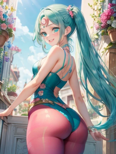 小さなgirl、Face photo、Face up、The arrival of spring、big ass、 (alone:1.5,)Super detailed,bright colors, very beautiful detailed anime face and eyes, look straight, ;d, shiny_skin,girl, ((Turquoise long hair,The inner color is red 、forehead is exposed.、green eyes、、shiny hair, delicate beautiful face, blush、(turquoise eyes), White skin, Valletta, earrings,、blue flower field、(((Floral pink.one piece)))、twin tails、smile、smile、Face dyed red、Face-centered、pantyhose