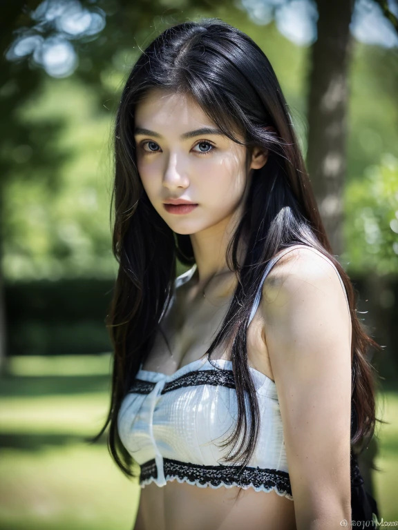 ( masterpiece, top quality, best quality,8k,17 years old girl,ultra detailed,raw photo:1.5),(photorealistic:1.4), (long black hair:1.5), (cinematic lighting), PerfectNwsjMajic, , Surrealism, UHD, ccurate, Super detail, textured skin, High detail, Best quality, dynamic angle, (high nose,White skin),[Beautiful blue eyes],[flat chest:large breasts:0.5],(1girl),(good anatomy:0.5)),(outside:1.5),