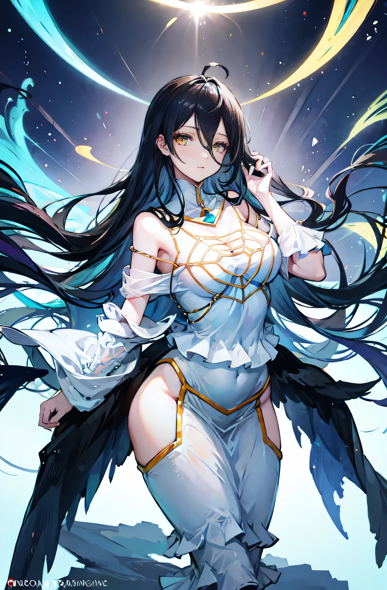 masterpiece, best quality, ultra-detailed, illustration, epic lighting, cinematic composition, colorful, isometric,(hexagon:1.2), 1girl, horns, solo, yellow eyes, black hair, long hair, slit pupils, cleavage, bare shoulders, hair between eyes, medium breasts, white dress, gold trim, standing, (((((((upper body))))))), looking at viewer, blush, particle effects, (8k:1.1).
