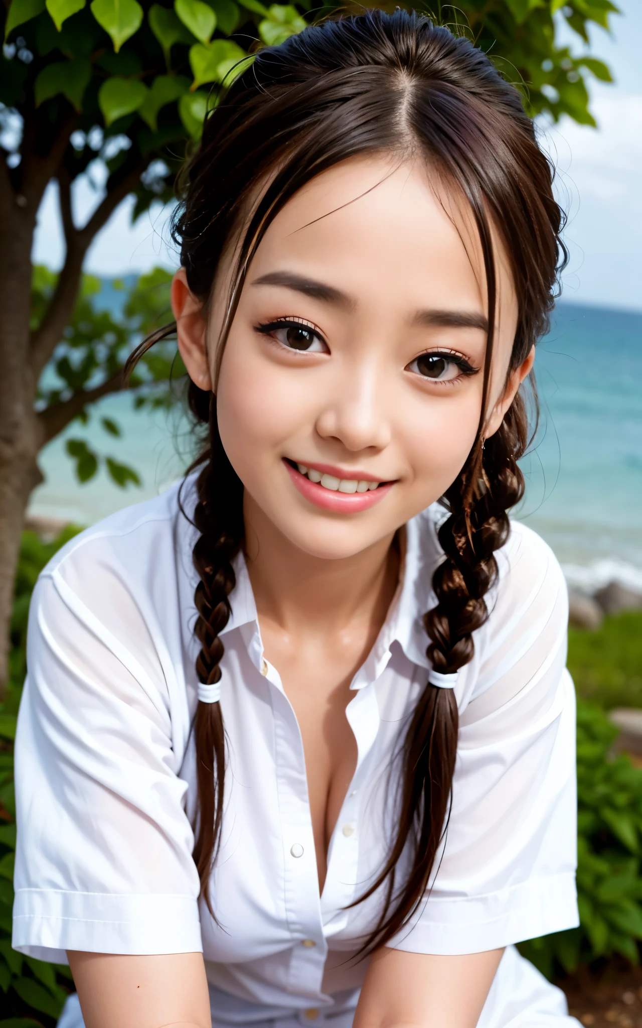 ((best quality)), ((masterpiece)), (detailed), perfect face,thai girl,14 year,play in river,clear shirt,wet hair,twin tail hair,wet shirt,nipple,,smile,white skin,wet hair,white Singlet
