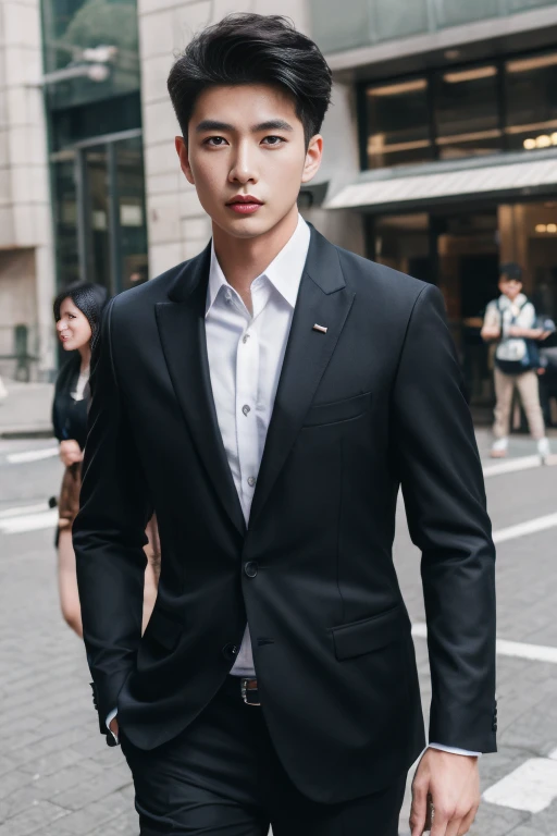 "A confident man standing tall amidst a bustling cityscape, with a hint of mystery in his captivating gaze."