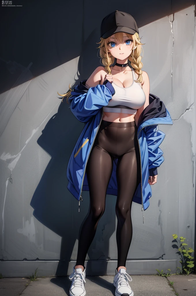 (((grayscale)))(masterpiece:1.2, best quality), (graffiti wall:1.15), 1lady, beanie, jacket, Leggings, blue eyes, fullbody,a model pose for a calendar with a headband and jacket on, 1girl, breasts, solo, twin braids, blonde hair, shoes, blue eyes, sneakers, cleavage, navel, jacket, large breasts, braid, choker, hat, looking at viewer, full body, smile, midriff, long hair, blue jacket, open clothes, open jacket, standing, off shoulder, leggings, black headwear, bare shoulders, more_details:-1, more_details:0, more_details:0.5, more_details:1, more_details:1.5, Eiko Tsukimi, blue eyes, braid, double braid, blonde hair, long hair,baseball cap