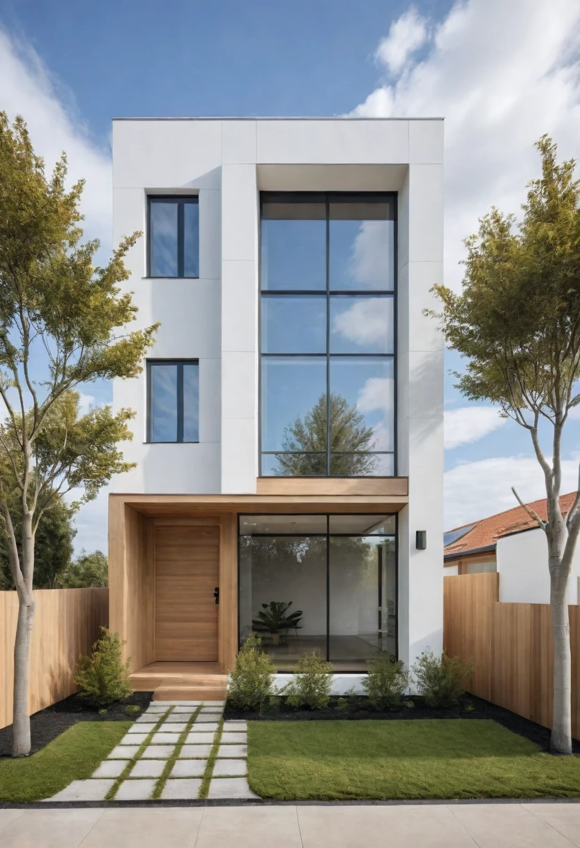 exterior house, contemporary style, white wall, wood wall, wood door, glass window, (realistic:1.2), Masterpiece, high quality, best quality, authentic, super detail, outdoors,road,pavement, grass, trees, sky, cloud, (daylight:1.1)
