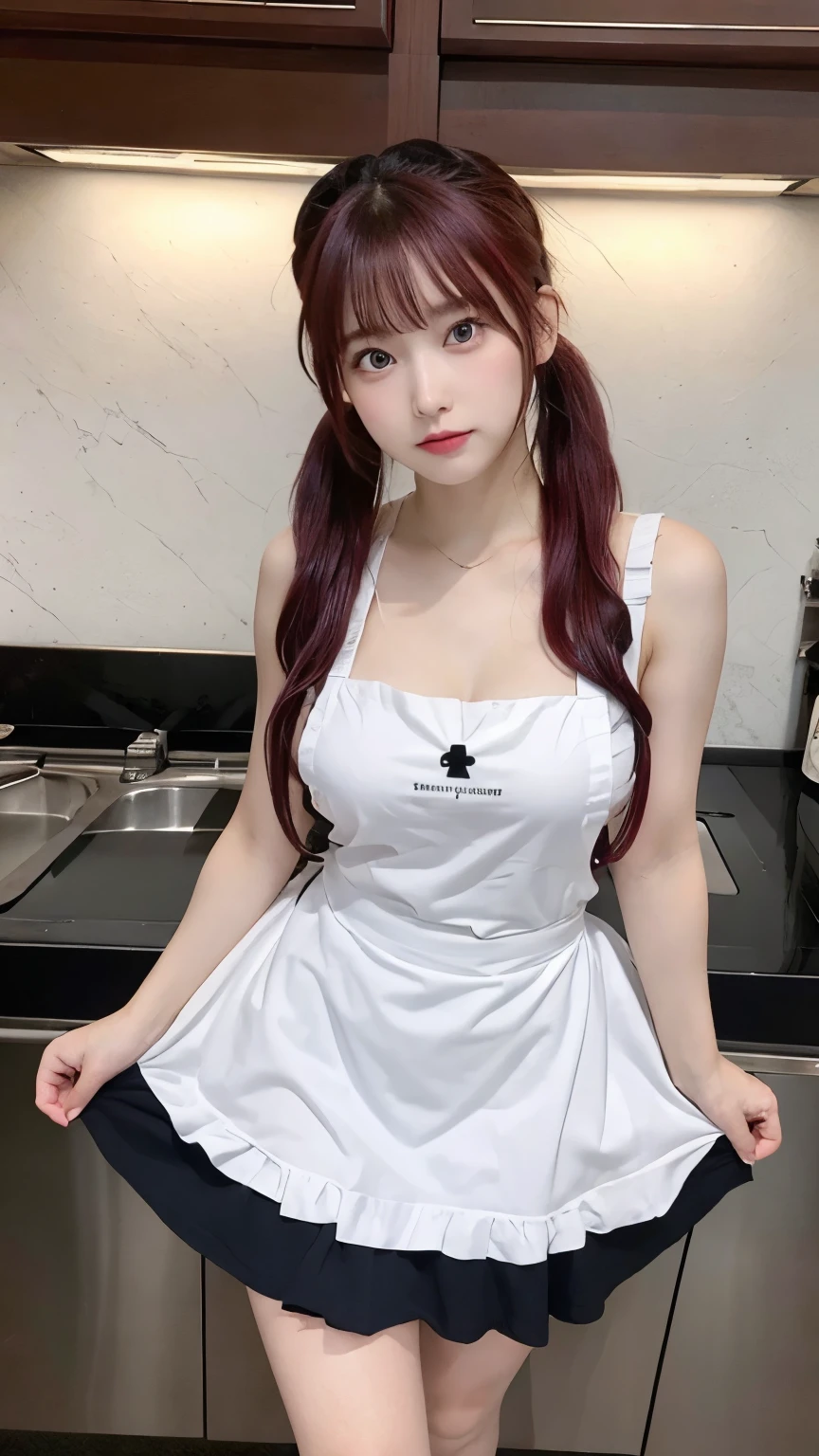 masterpiece,(highest quality, figure,detailed face:1.3),(1 girl,alone:1.3),detailed and beautiful eyes,  naked apron, Slope_background, Slope, maid, purple eyes,red hair,huge breasts,, break, enmaided, white_naked apron, black_dress, ponytail, black_footwear, with ruffles_naked apron, dress, maid_naked apron, Alternative_hair,very long hair, Split_ponytail, Hello 