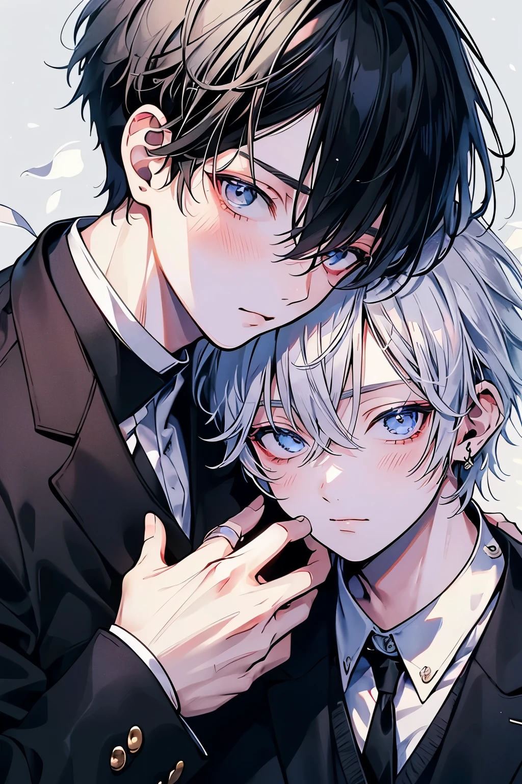 (muste piece), (best quality), very detailed, ((Two friendly men)), perfect face, beautiful face, very detailed顔,(black haired man:1.3),(white haired man:1.3),suit,shirt