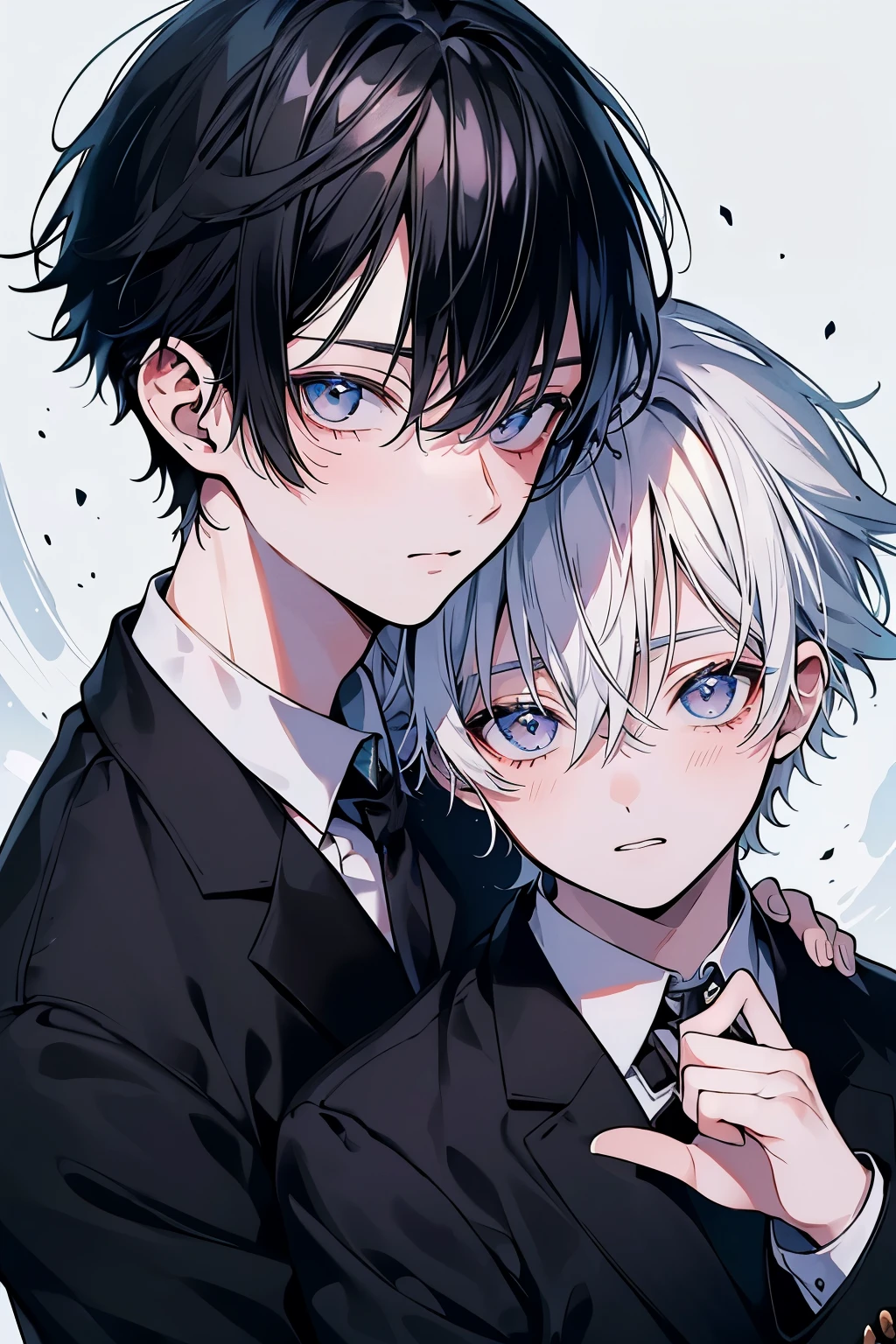 (muste piece), (best quality), very detailed, ((Two friendly men)), perfect face, beautiful face, very detailed顔,(black haired man:1.3),(white haired man:1.3),suit,shirt