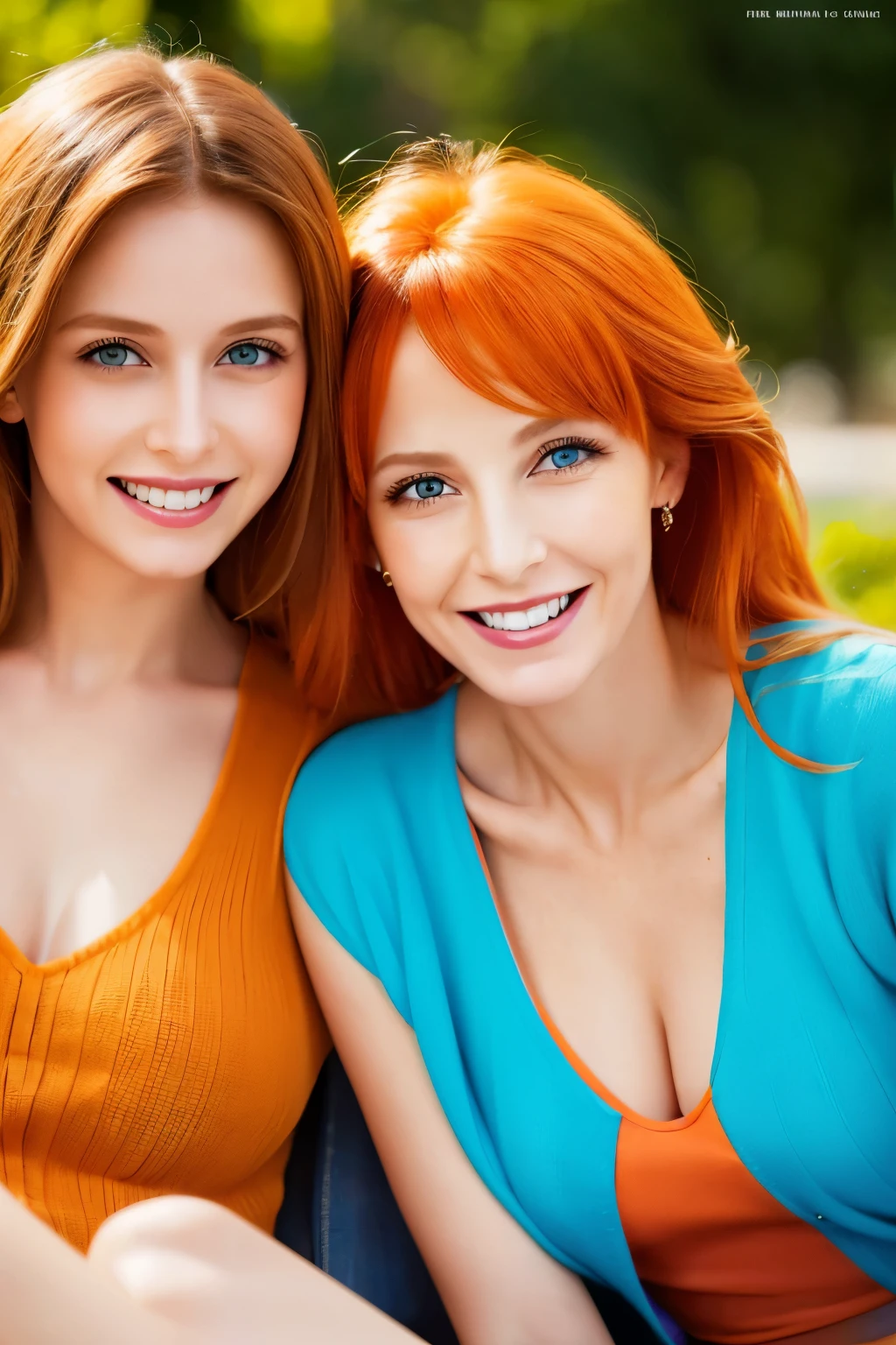 A mother and daughter orange hair blue eyes on a magazine cover, vibrant colors, high-resolution, realistic portrayal, fashion-forward, loving bond, trendy attire, captivating smiles, natural beauty, professional lighting, contemporary style, artistic composition