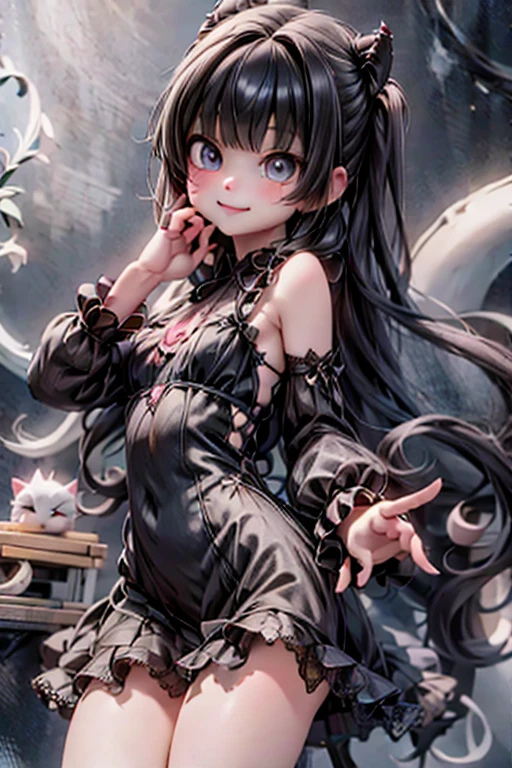 a cute demon girl smiling floating in the air, lace cloth gothci dress, at night, playful pose of a dancer, creepy, horror style