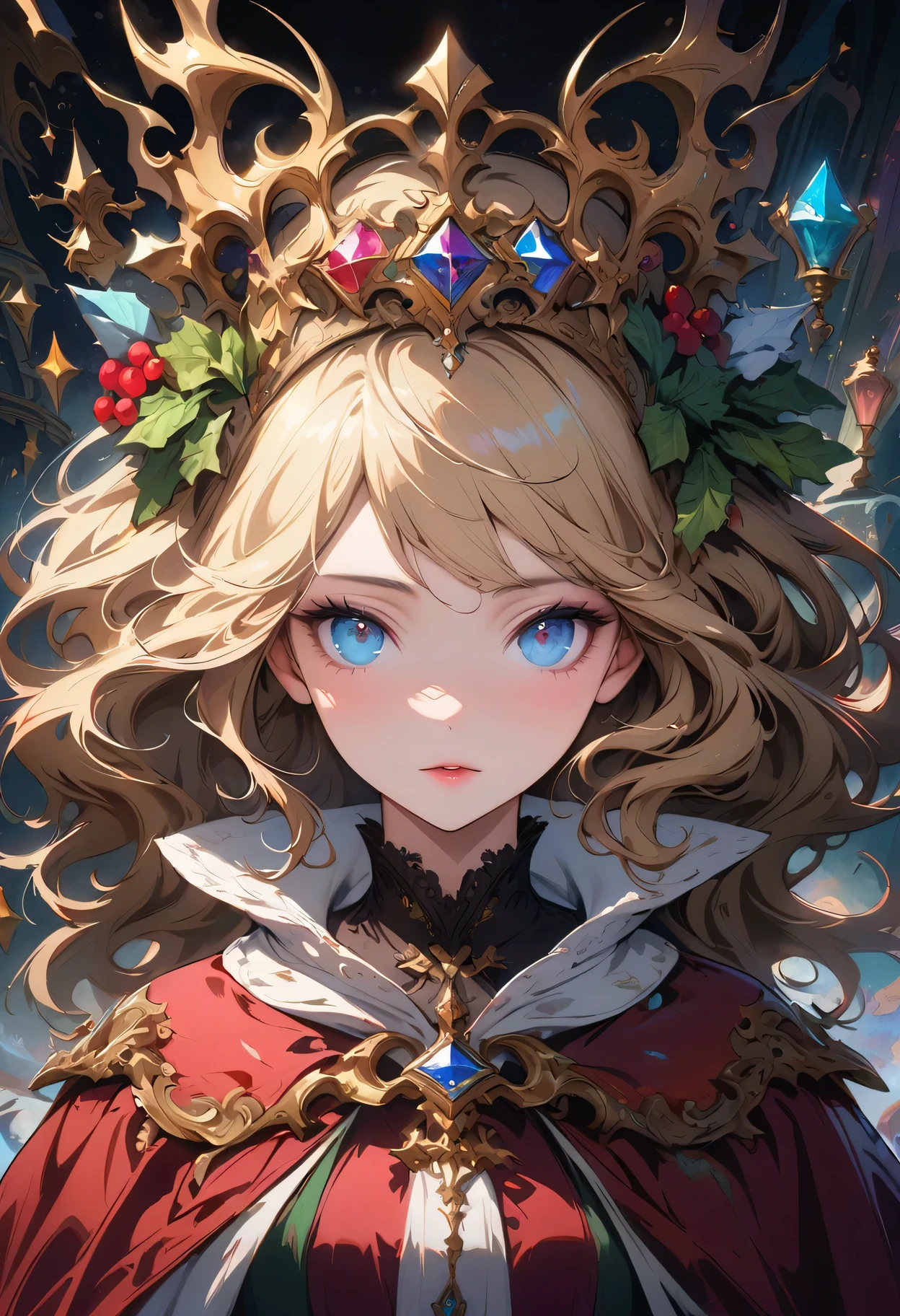 beautiful queen portrait, blonde hair, perfect blue eyes, with brilliant, Impossibly Eye-catching Big Christmas Headdress, Clothes Santa Claus Robe, all christmas, snow, Symmetrical, Dramatic studio lighting, Rococo, Baroque, Green vegetables, Asian, Surrealism, close up, D&D, fantasy, complex, elegant, Very detailed, number, art station, octane rendering, 8K, concept art, matte, sharp focus