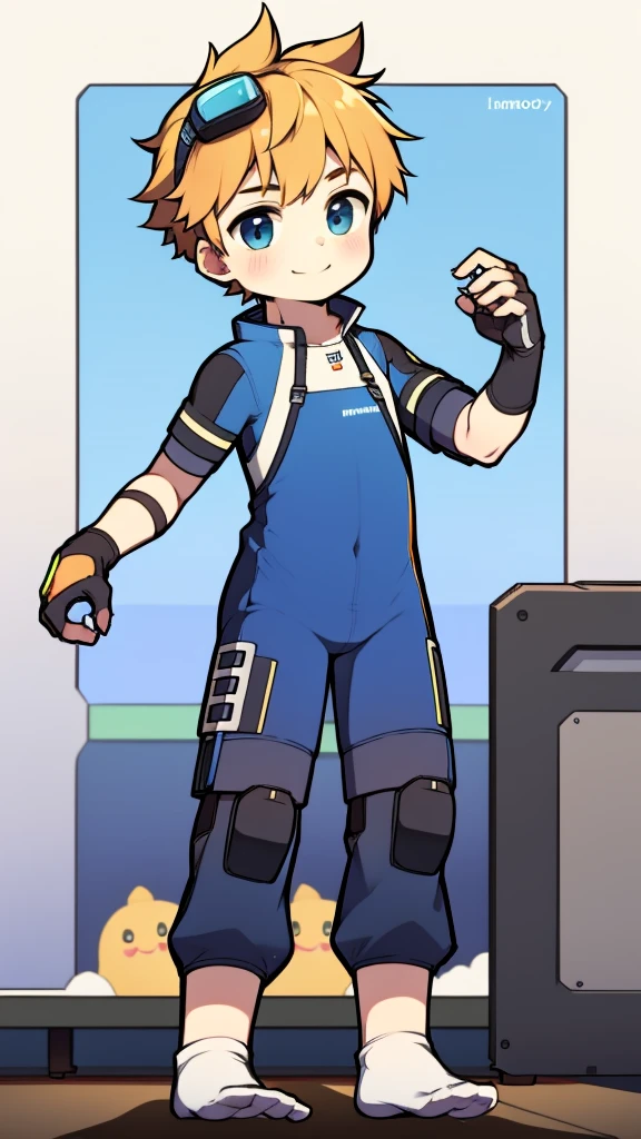 ((A young boy))，(Youthful feeling)，One-piece mountaineering suit，slender figure,Healthy limbs，goggles，fingerless gloves，cotton socks，short sleeves，stand up，Smile