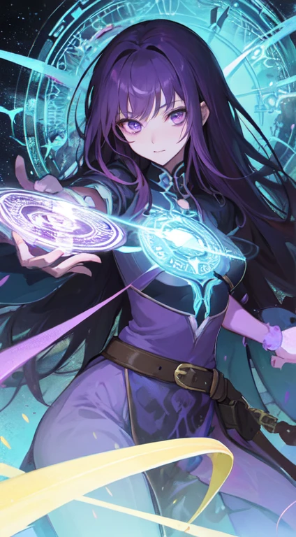 22-year-old female, long purple hair, purple eyes, Thin, Big  , Western style noble purple light outfit,, magic circle, Make it like tarot anime style but without the frame, Eyes seductive, dark energy,, Purple particles, purple energy, princess