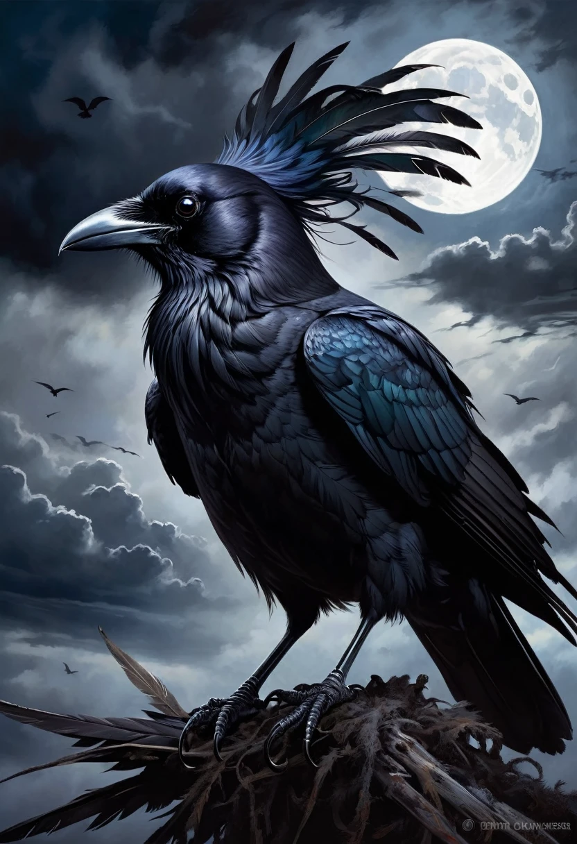 best quality,ultra-detailed,(realistic:1.37) paintings,dark and mysterious atmosphere,ominous colors,[crow],intricate feathers,sharp beak,penetrating gaze,intense expression,eerie silhouette,sinister presence,nighttime scene,moonlit sky,clouds,dramatic lighting,contrast of light and shadow,gothic style,dramatic brushstrokes,texture and depth,colorful plumage,majestic wingspread,haunting presence,foreboding,loneliness,uneasy feeling,impressive details,beautifully captured essence,artistic masterpiece