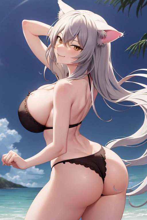 masterpiece, best quality, beautiful art, high resolution, well formed hands, body and fingers, 1 woman, solo, Black Hanekawa, adult, grown up, big breasted, cleavage, full body, black bra, black underwear, cat ears and cat tail, gorgeous hips, legs and thighs , dancing seductively and erotically, turning backwards and forwards , showing her back and front, showing her butt, t back, smiling joyfully, looking at the viewer, flirting, beach environment , biting her lips