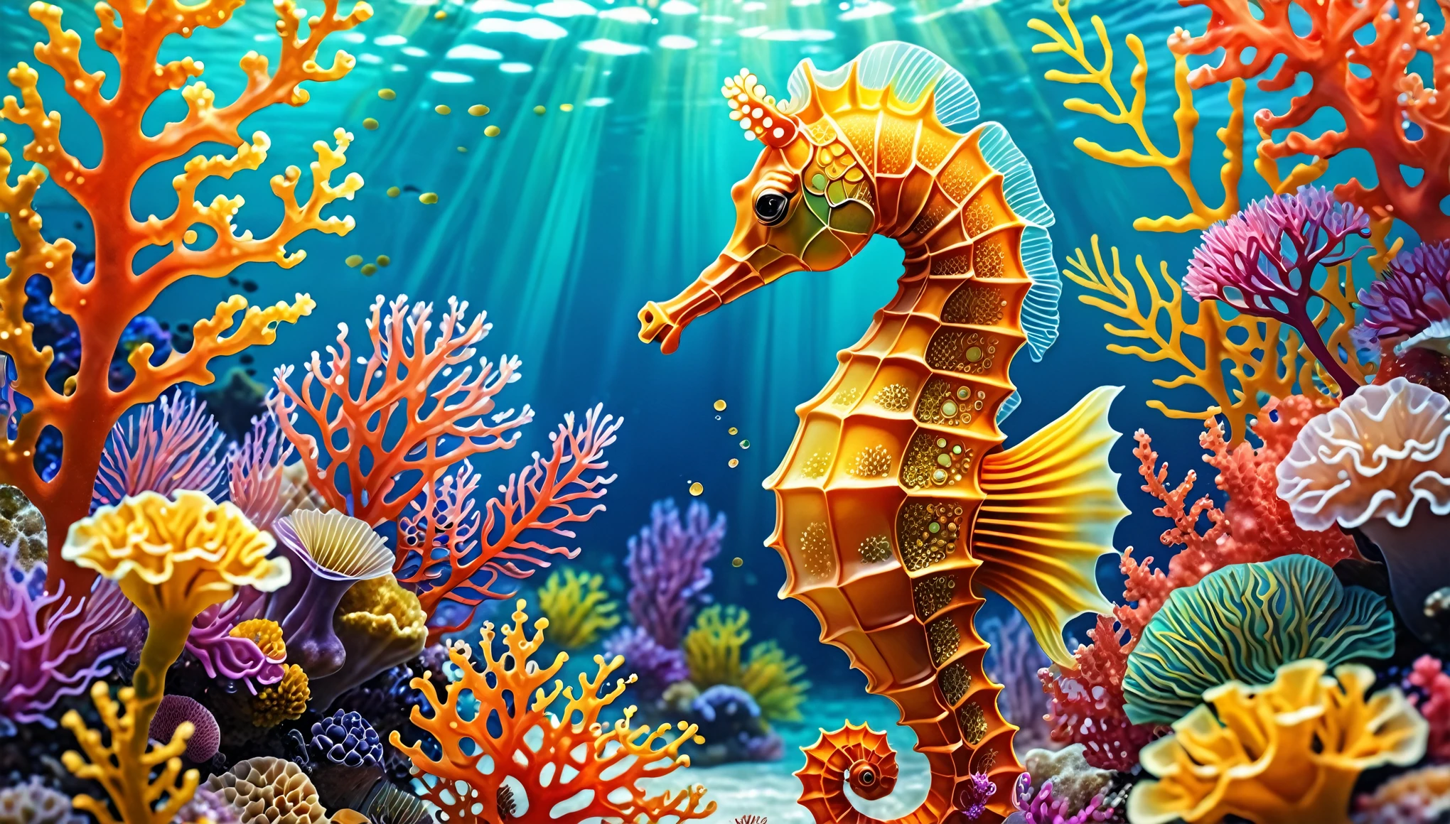 "(best quality,highres),bright and colorful underwater,adorable sea horse swimming,sparkling clear water,floating seaweed,coral reef,playful sea creatures,detailed scales and fins,whimsical and vibrant art style,warm and tropical color palette,soft natural lighting"