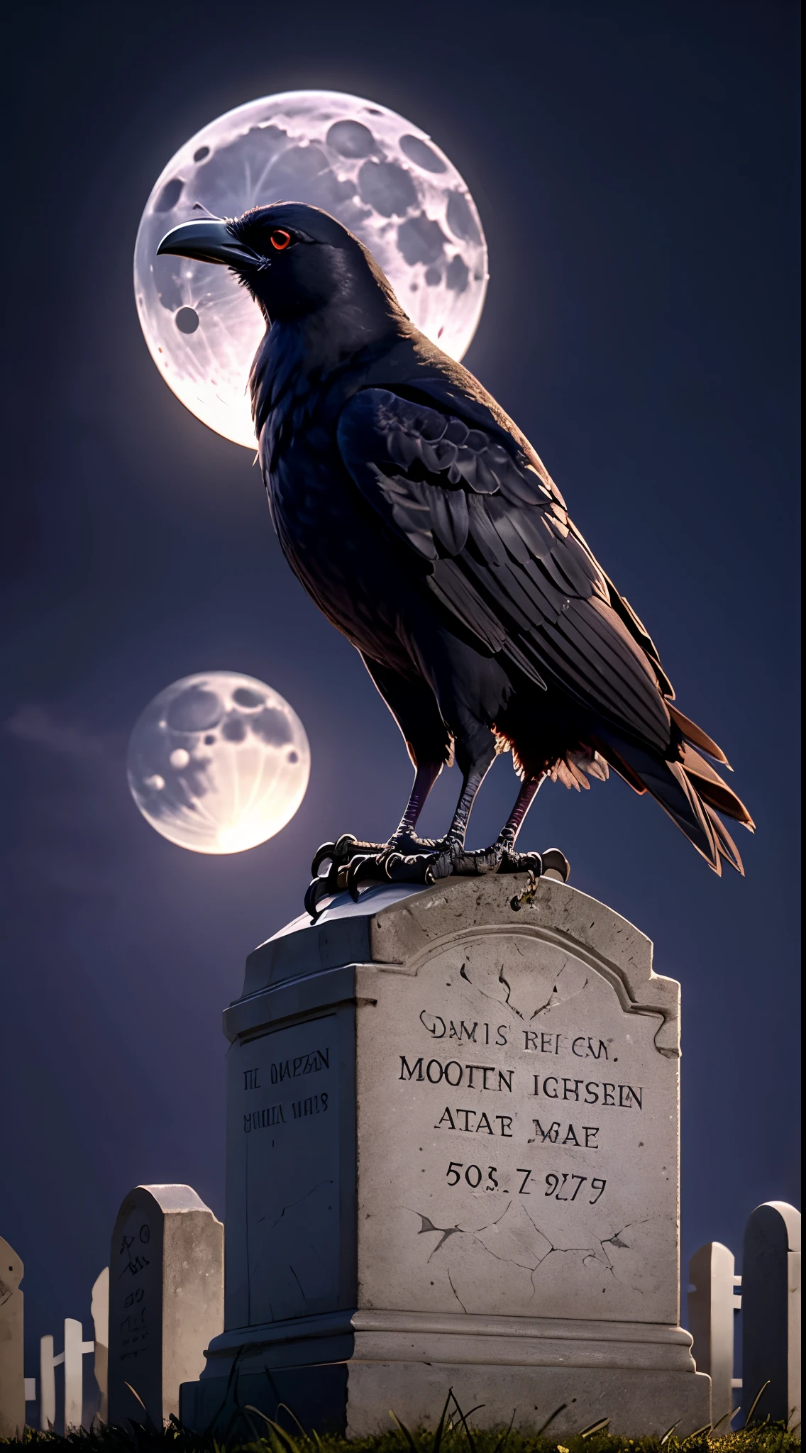 A crow in cemetery, ((moonlight)), photorealistic,