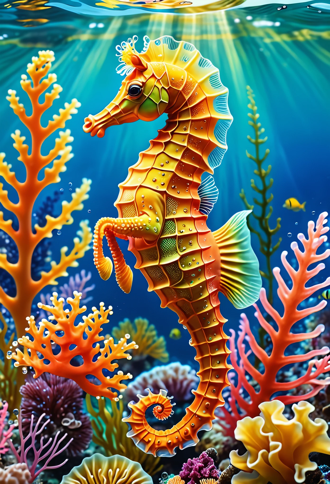 "(best quality,highres),bright and colorful underwater,adorable sea horse swimming,sparkling clear water,floating seaweed,coral reef,playful sea creatures,detailed scales and fins,whimsical and vibrant art style,warm and tropical color palette,soft natural lighting"