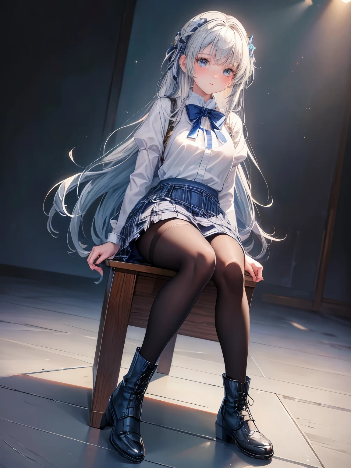 masterpiece, best quality, {best quality}, {{masterpiece}}, {high resolution}, girl，student，Uniforms，jk ，blue plaid skirt，white hair，cute，1girl，Small black boots，white pantyhose，beauty，big blue eyes