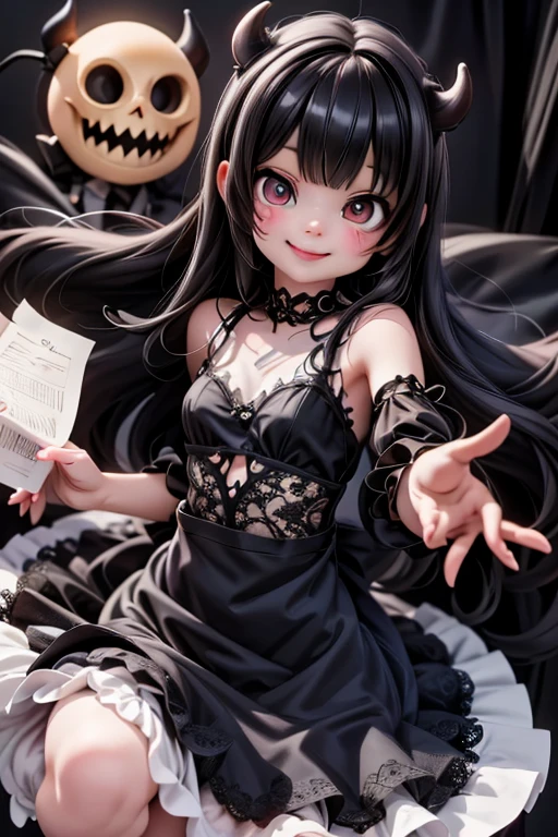 a cute demon girl smiling floating in the air, lace cloth gothci dress, at night, playful pose of a dancer, creepy, horror style