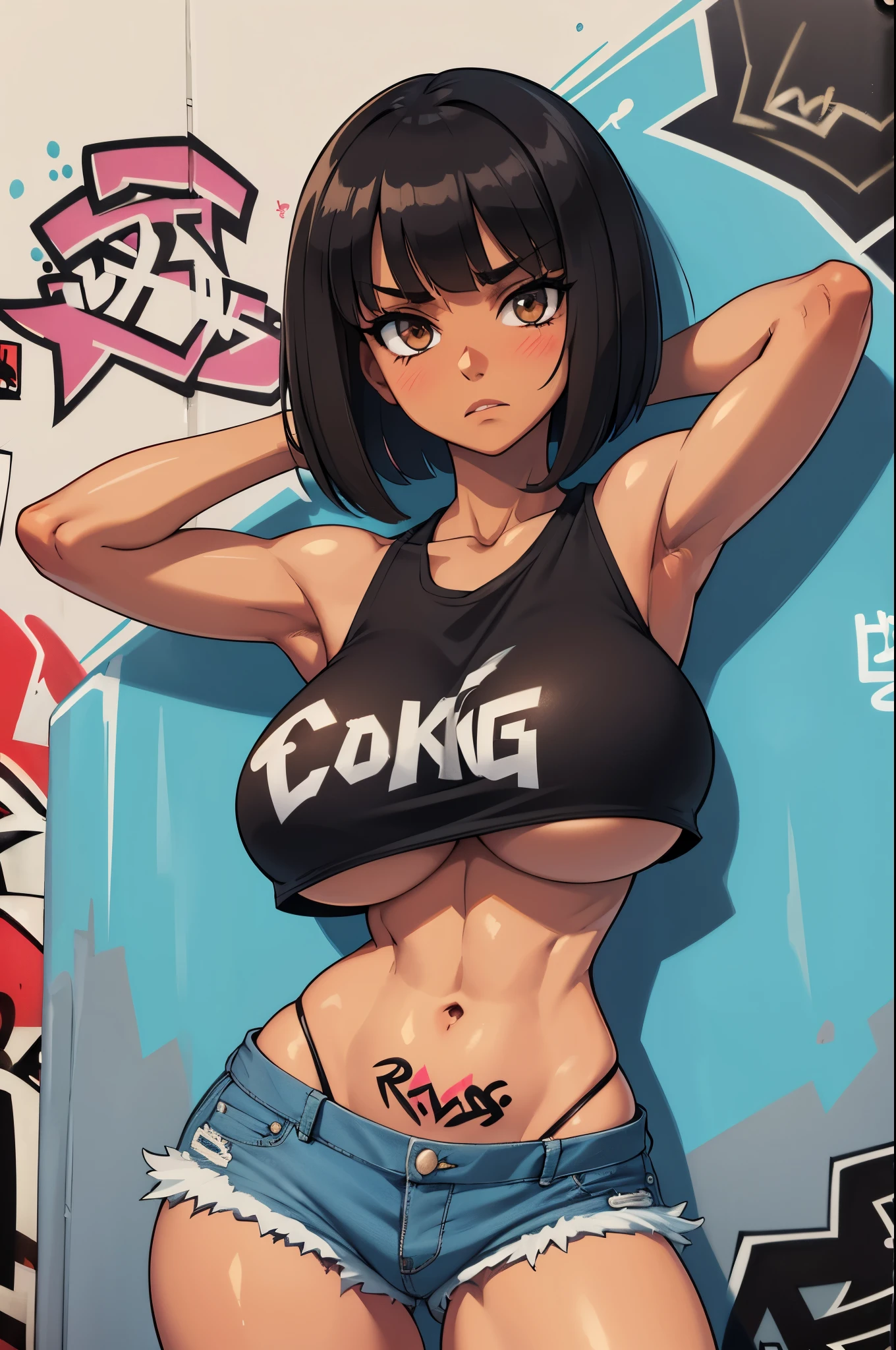 (cowboy shot), (best quality, ultra-high resolution, depth of field:1.2), adult, 1woman, toned body, medium breasts, wide hips, solo, black hair, streaked hair, short hair, bangs, (tiny crop top), (underboob), (denim shorts), (graffiti:1.4), slouching, (crotch tattoo), laying on the wall, looking at viewer, upturned eyes, brown eyes, head tilt, bored, hands behind back ((huge tits)), (dark skin), tan