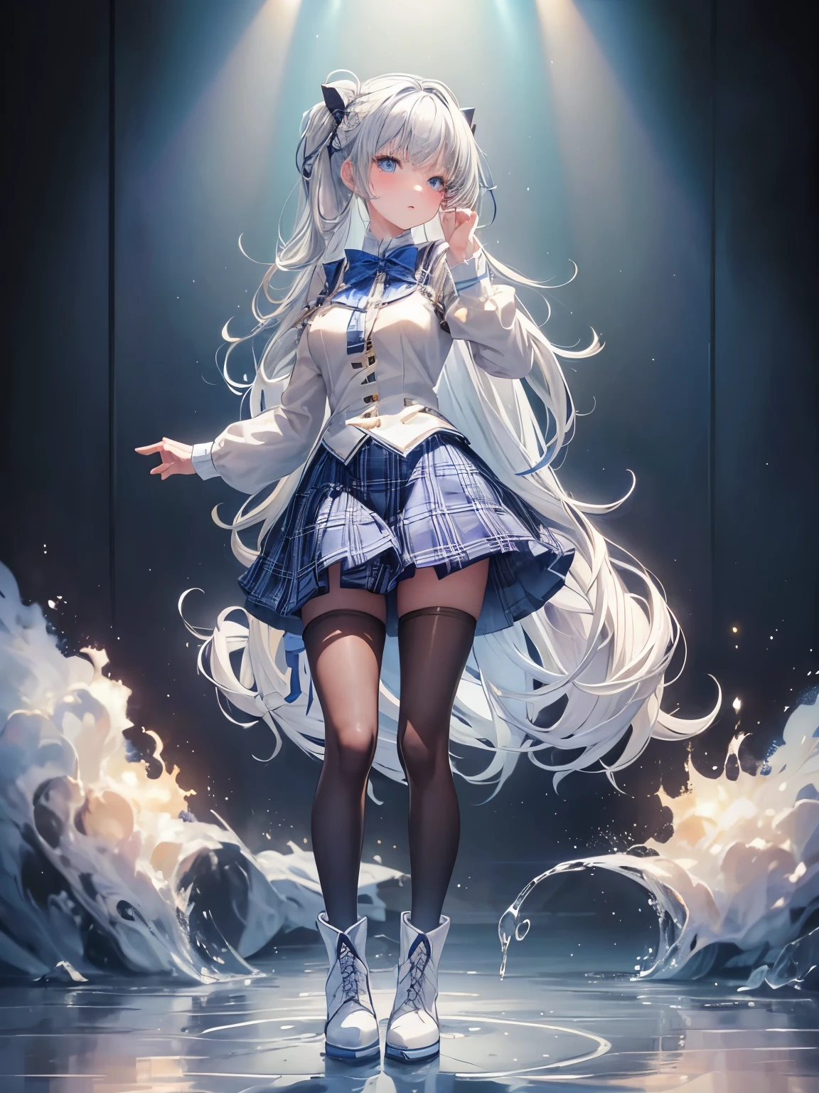 masterpiece, best quality, {best quality}, {{masterpiece}}, {high resolution}, girl,student,Uniforms,jk ,blue plaid skirt,white hair,cute,1girl,Small black boots,white pantyhose,beauty,big blue eyes