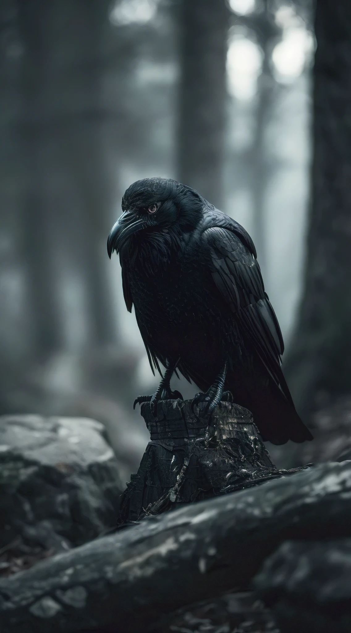 (best quality,4k,8k,highres,masterpiece:1.2),ultra-detailed,(realistic,photorealistic,photo-realistic:1.37), A realistic film photography style image depicting a three-legged Yatagarasu (mythical crow) perched atop a torii gate in a dark, mystical forest. The Yatagarasu is in a pose with its wings spread wide, showcasing its black plumage. The torii, made of wood, is barely illuminated by a faint light filtering through the dense forest, creating a subdued and serene atmosphere. The overall color palette is muted, emphasizing the solemn and enigmatic presence of the Yatagarasu in the quiet, mystical forest