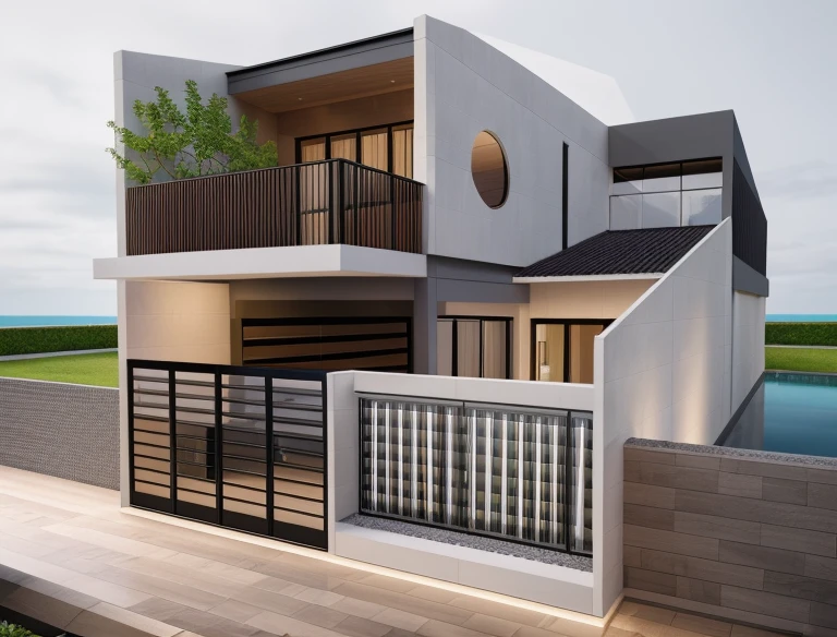 1 main wood door, slope roof, many glass door, concrete, wood wall,white, modern villa, palm, plant, beautiful sky, wood facade, architecture, beautiful, masterpiece, best quality, super detailed, realistic, photorealistic, 8k, sharp focus, droste effect photography, macro photography