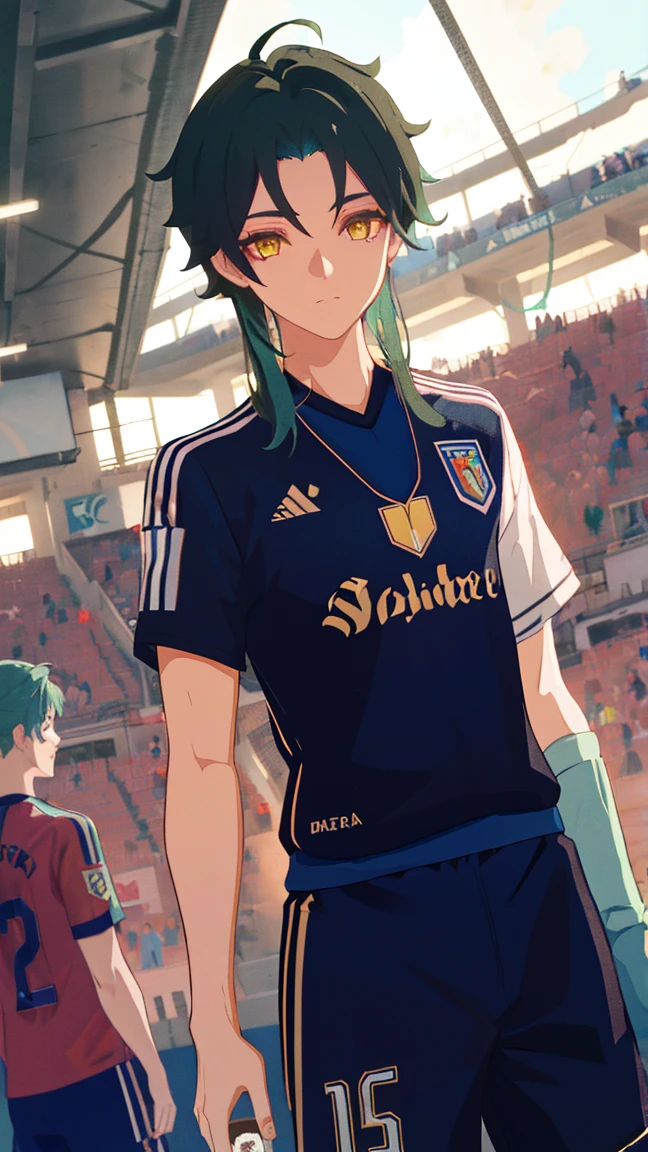 2 boys,dark green hair,highest quality,masterpiece,excessive,male focus,yellow eyes,beautiful eyes,beautiful boy,School,between men,Spouse,soccer club members,Blue soccer uniform,soccer,high school,soccer uniform,blue clothes,soccer court,teammate,same clothes,shoulder to shoulder,feminine,good friend,best image quality,