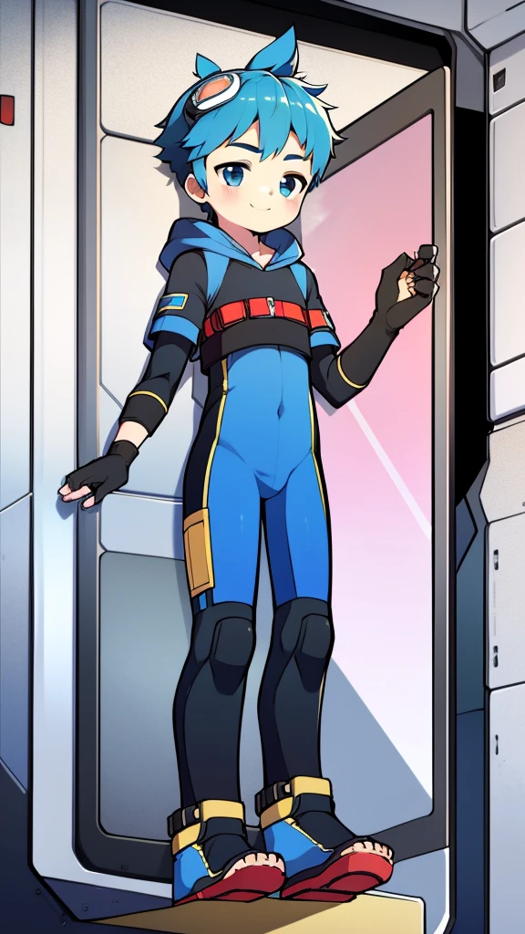 ((A young boy)),(Youthful feeling),One-piece mountaineering suit,slender figure,Healthy limbs,goggles,fingerless gloves,cotton socks,short sleeves,stand up,Smile