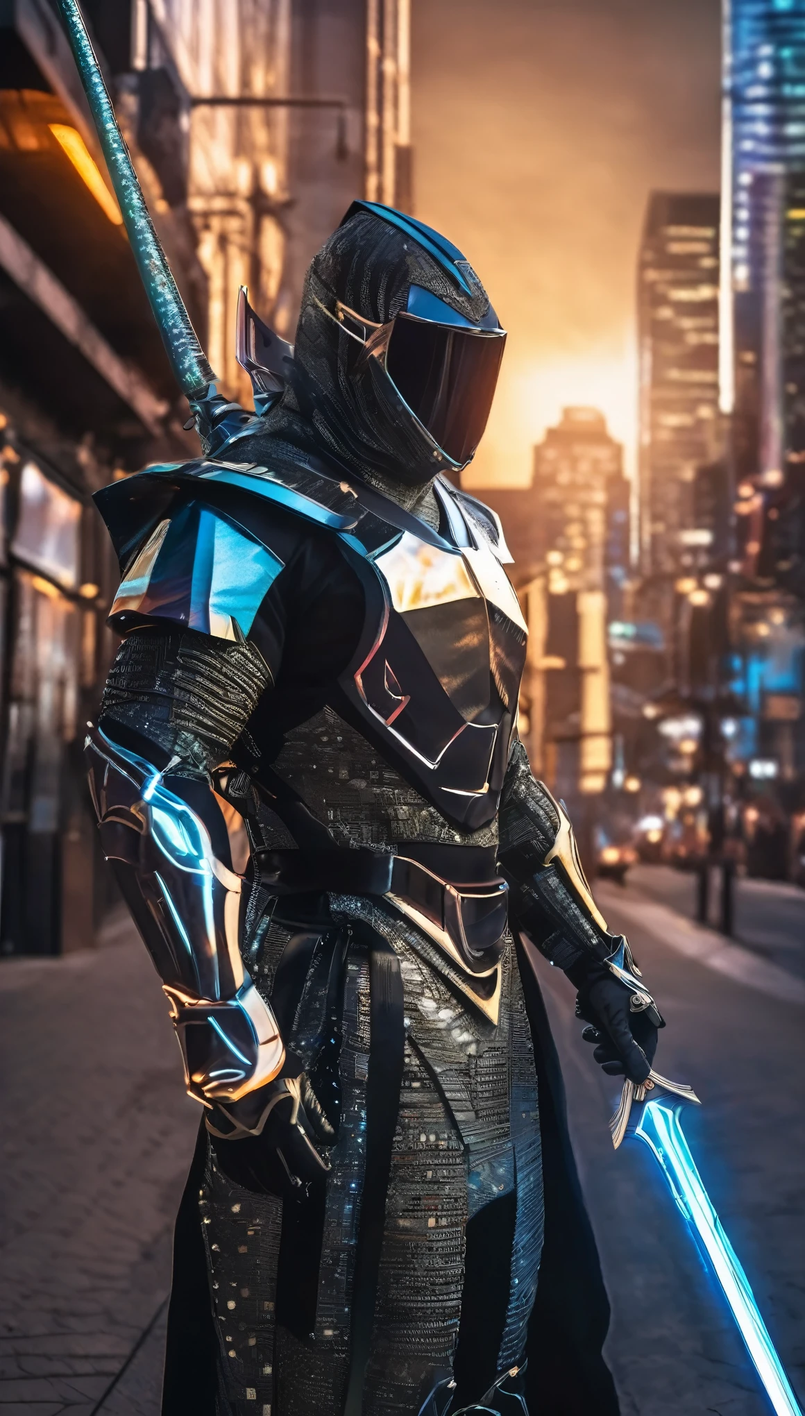 close-up of a man, standing in the city with a sword, cyber battle armor, Cyber Armor, Cyber Armor, smooth glowing armor, cyber suit, full portrait of an electromancer, cyber universe style, Diamond-plated superhero, cyborg ninja, Dark Supervillain, silver Cyber Armor, Cyber Black, fractal cyborg ninja background, wearing hidden armor, Epic ninja costume.