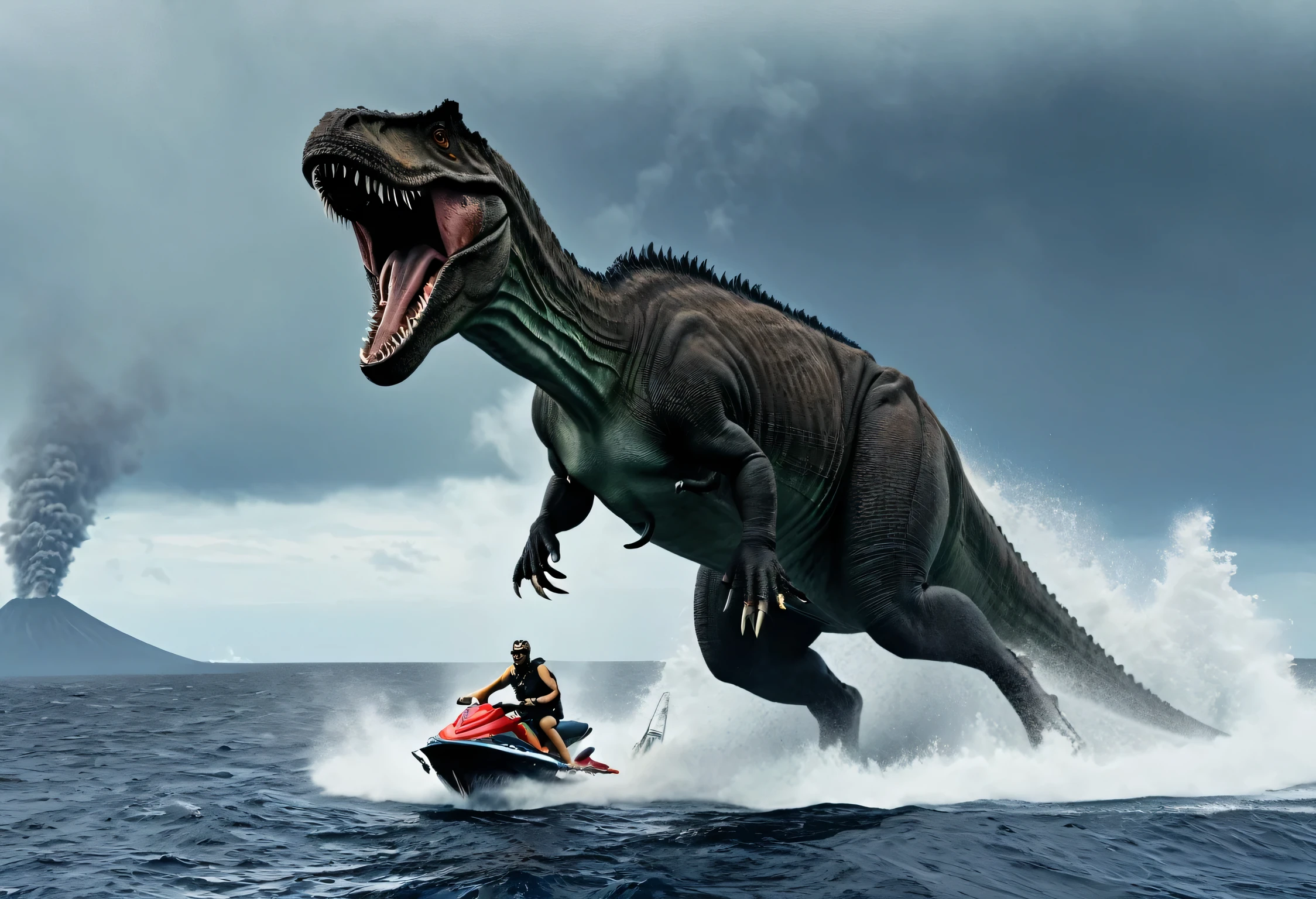 A tyrannosaurus is riding a jet ski in the middle of rough seas., Volcanic island in the background, The volcano is erupting violently., The images are very realistic, straight angle picture, Photo from bottom up, Pan the image to the left., Rule of Thirds for Photography, The sky is very cloudy., The atmosphere was terrifying.